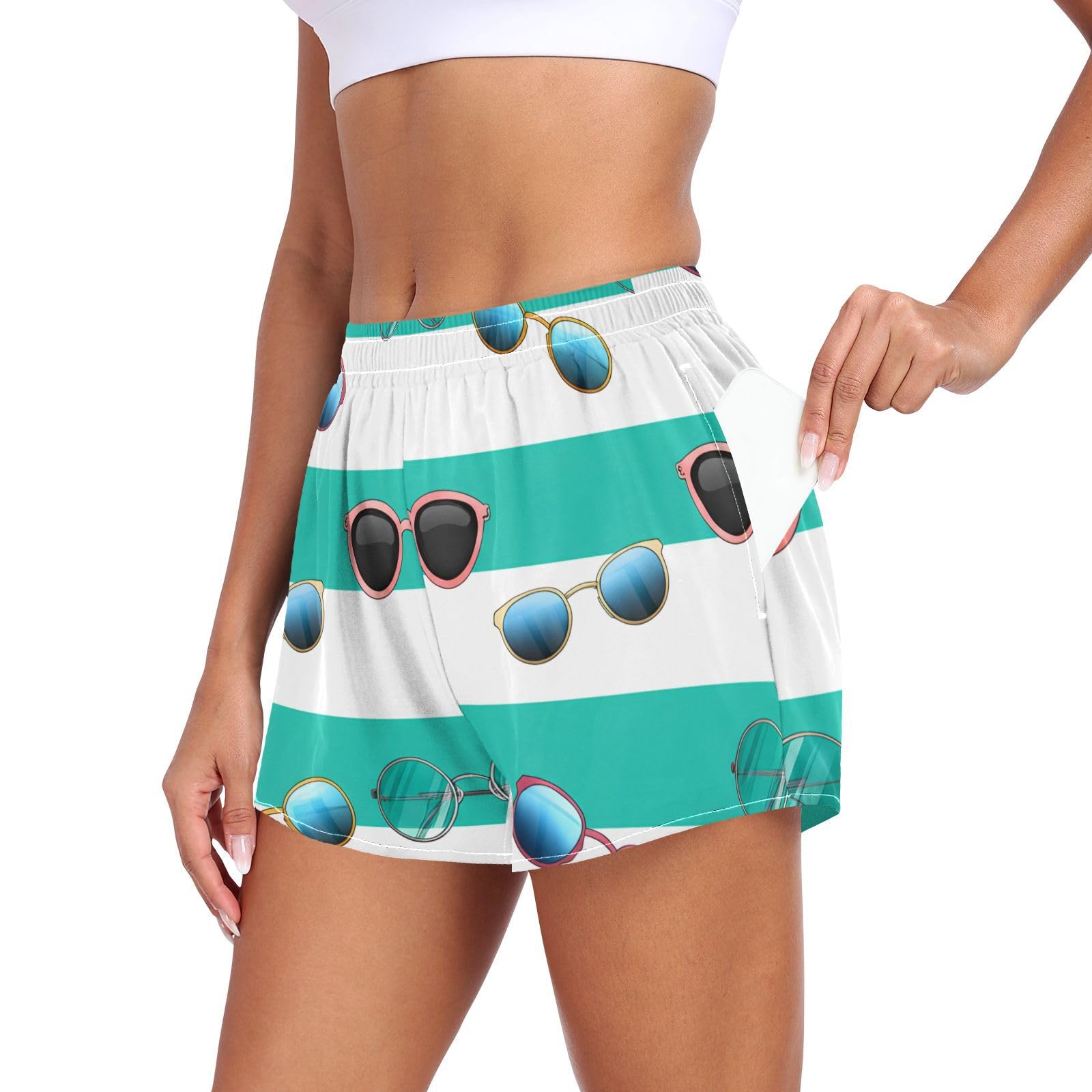 UMIRIKO Women's Athletic Shorts Sunglasses Turquoise White Stripes Running Shorts Sporty Short Gym Elastic Workout Shorts 202c1603