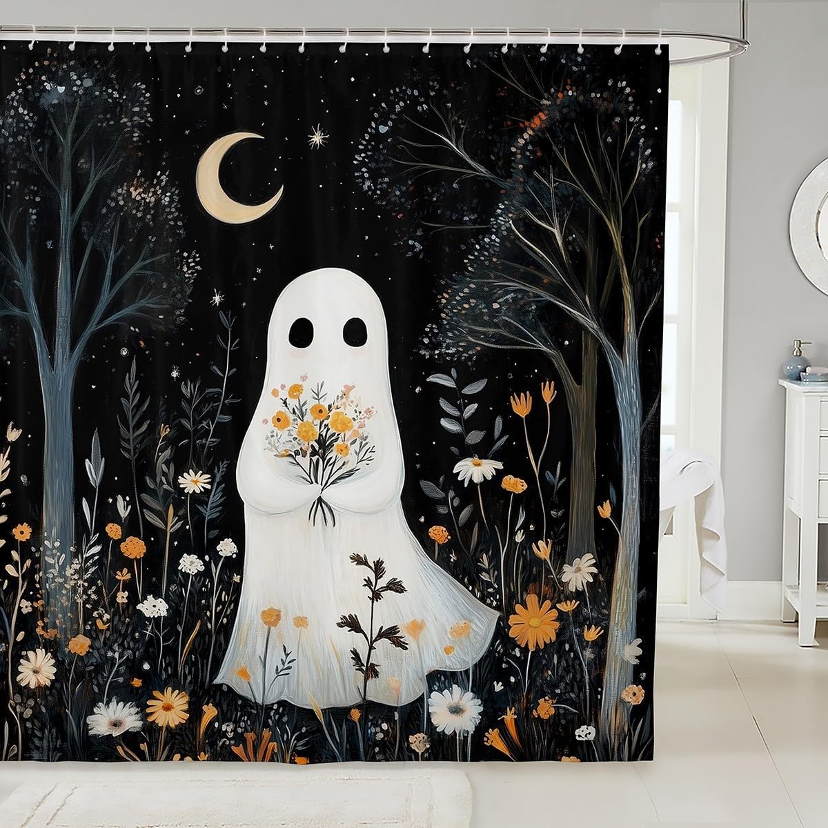 Halloween Ghost Shower Curtain with Hooks,Mystic Starry Moon Sky Night Boho Bath Curtain,Natural Trees Flowers Leaves Rustic Bathroom Accessories Waterproof Panel,72x 78 Inches