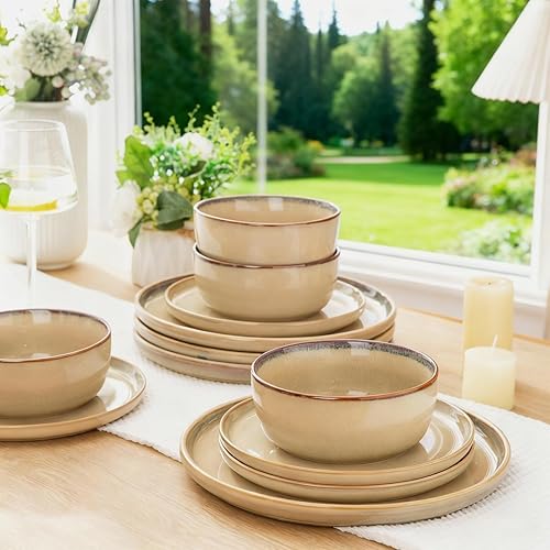 Miniatura 5 de AmorArc Stoneware Dinnerware Sets,Round Reactive Ceramic Plates and Bowls Set,Highly Scratch Resistant Dishwasher & Microwave Safe Dishes,Service