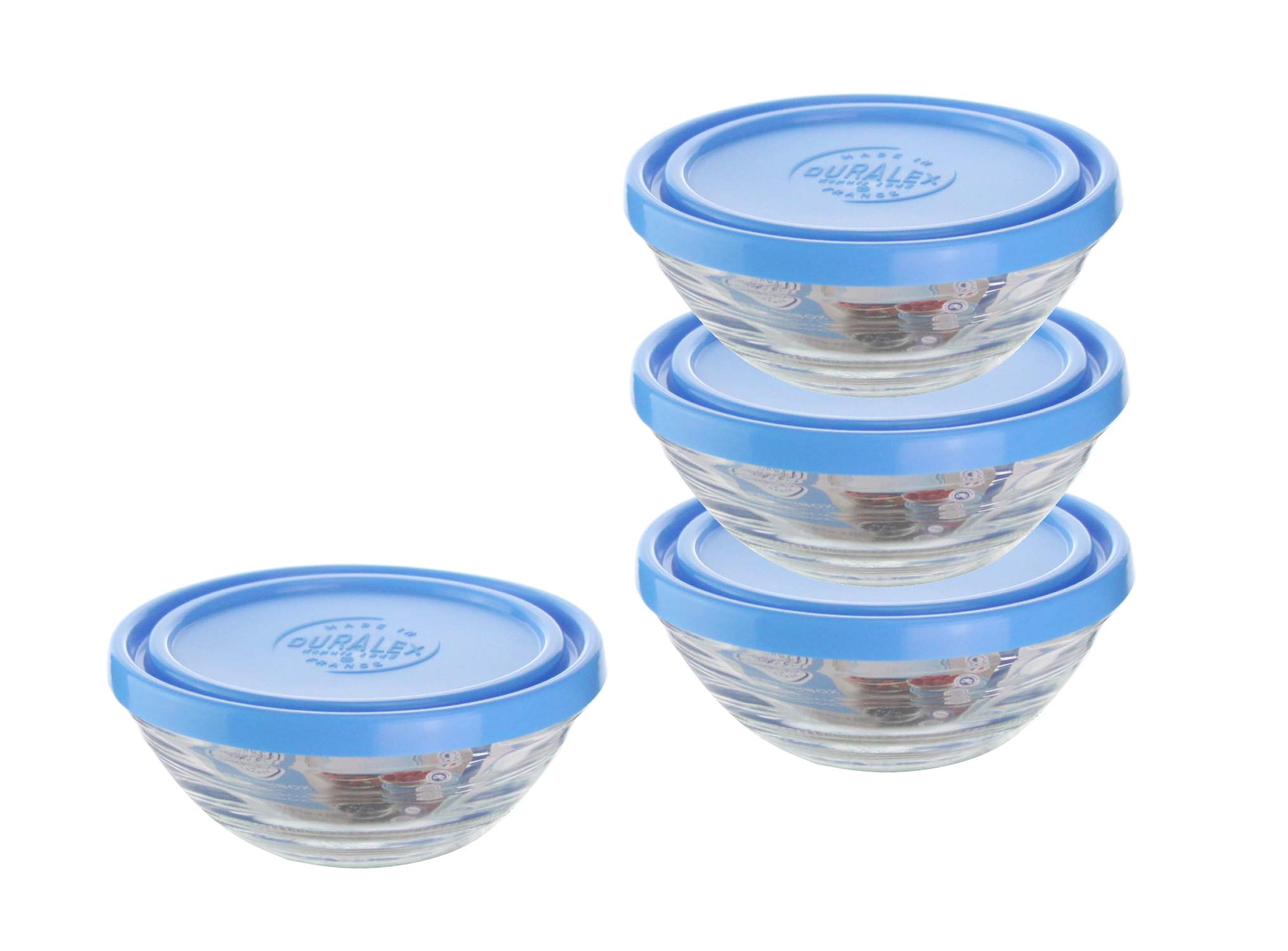 Duralex Freshbox Round Glass Bowls with Blue Lids Set Airtight Food Storage Stackable Glass Serving Square Bowls Meal Prep Containers Boxes Microwave Freezer Dishwasher Safe (Set of 4-12cm)