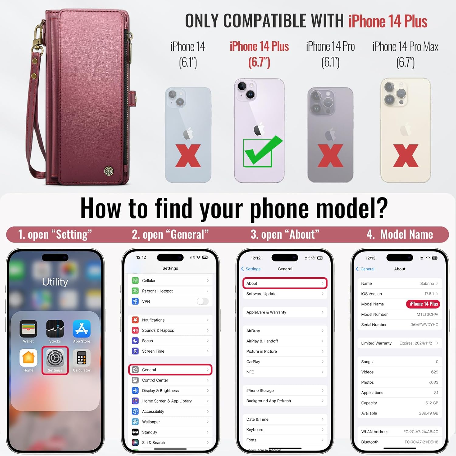 Defencase Compatible with iPhone 14 Plus Case Wallet with RFID Blocking Card Holder for Women Men, PU Leather Magnetic Snap Flip Zipper Strap Wallet Phone Case Fit for iPhone 14 Plus 6.7", Wine Red