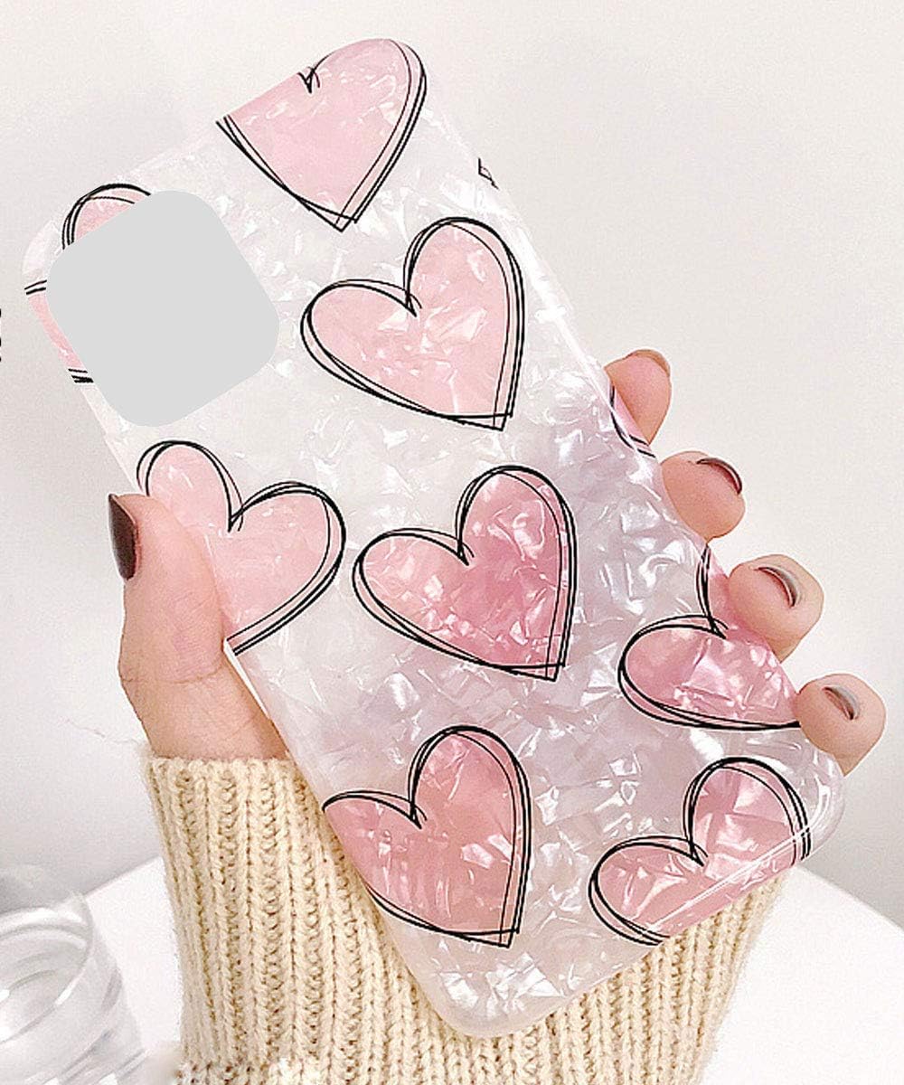 J.west iPhone 11 Case 6.1 inch, Cute Pink Heart Pattern Print Sparkly Glitter Pearly Design Flexible Soft Silicone Shockproof Slim Thin Protective Phone Case Cover for Women Girls (Love)
