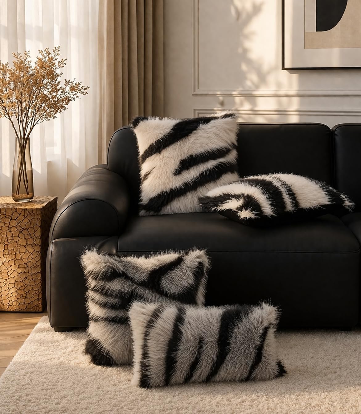 Fennco Styles Zebra Stripe Faux Fur Animal Design Decorative Throw Pillow Cover 18" W x 18" L – White Plush Cushion Case for Couch, Bedroom, Living Room and Office Décor
