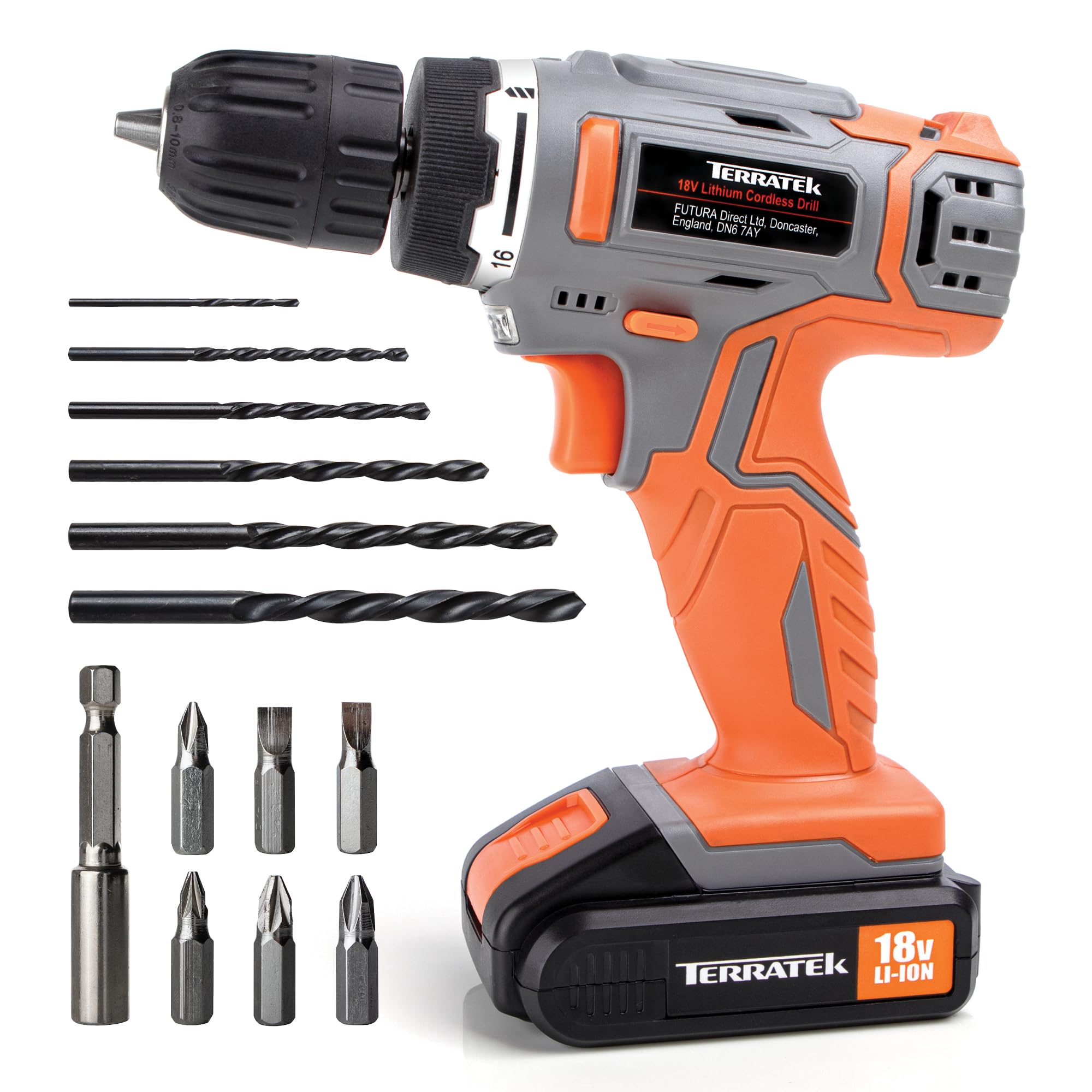 Terratek Grey & Orange Cordless Drill Driver, 1Hr Fast Charge 18V Lithium-Ion, 13Pc Electric Screwdriver Set, Led Work Light, Electric Drill Quick Change Power Battery And Charger Included