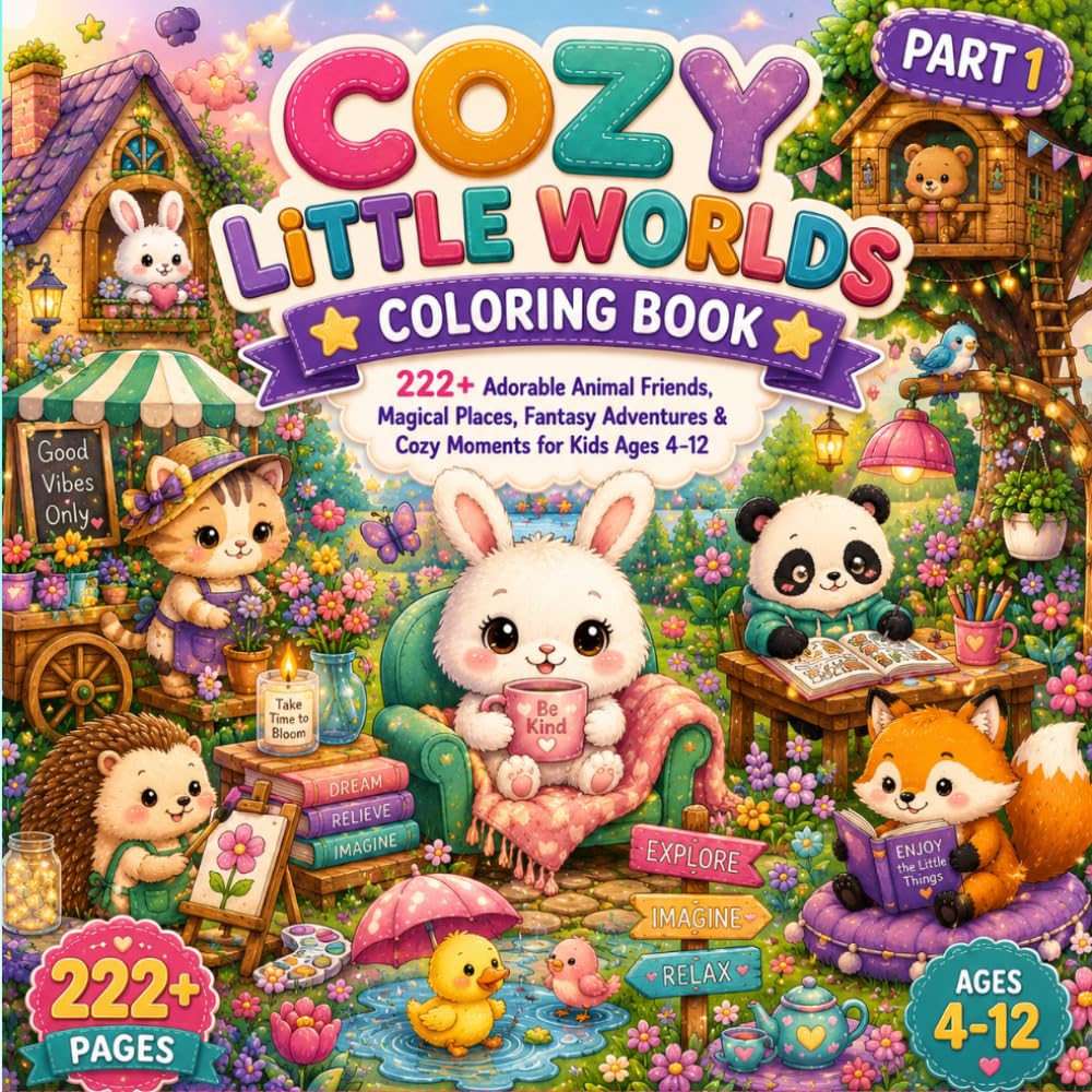 Cozy Little Worlds Coloring Book for Kids Ages 4-12: 222: Cozy Little Worlds Coloring Book for Kids Ages 4-12: 222+ Adorable Animal Friends, Magical ... & Imaginative Coloring Fun (Part 1)