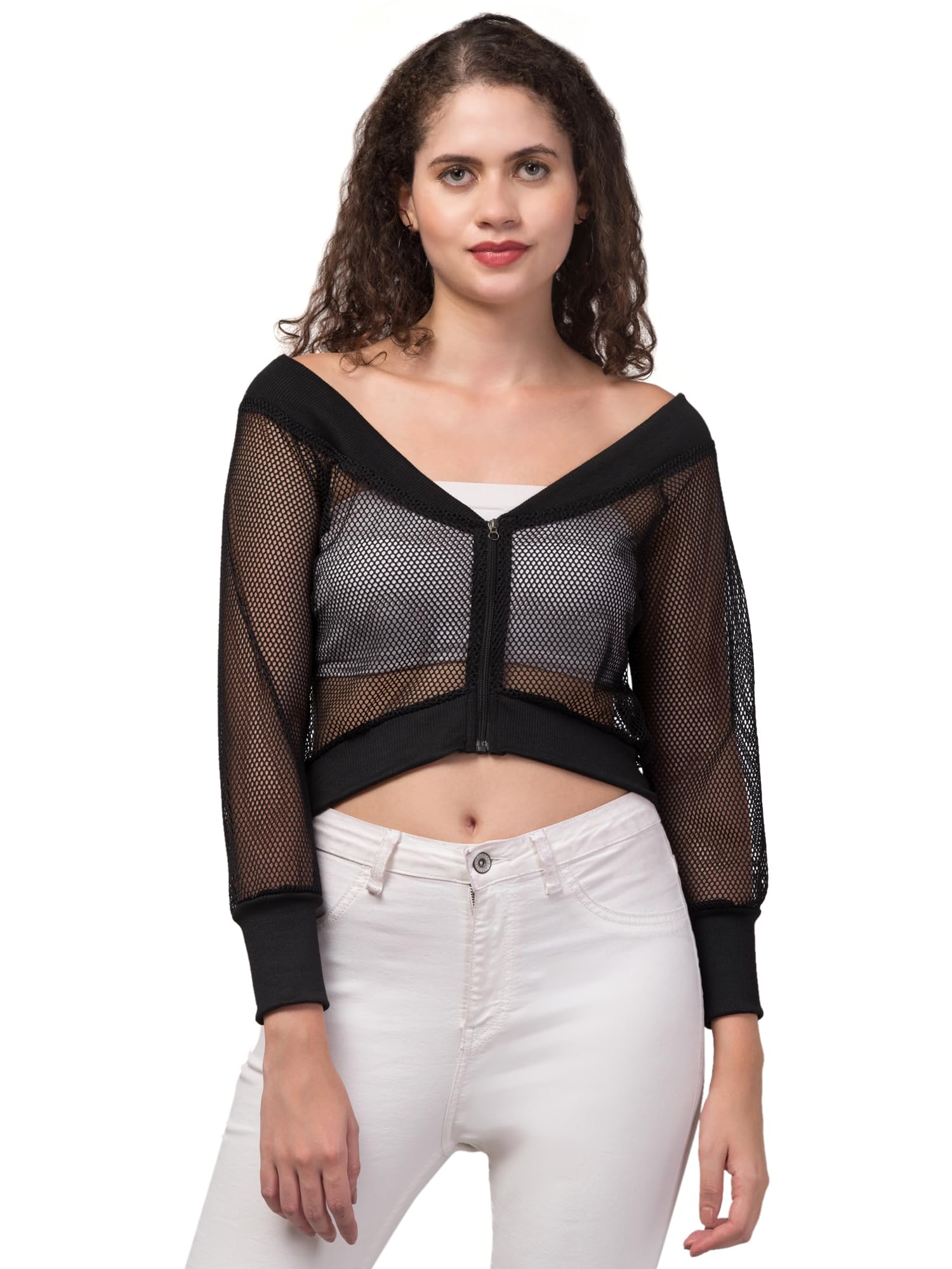 prachikfashions Net Crop Zipper Jacket for Women Long Sleeves Off shoulder Top-picture-40