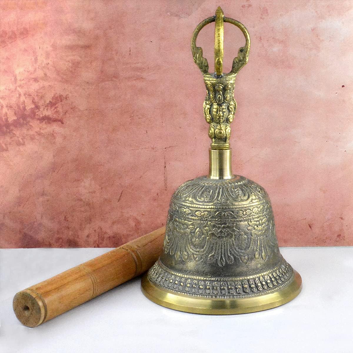 Reiki Crystal Products Brass Tibetan Singing Bell โ Handcrafted Meditation Bell for Yoga, Prayer, Sound Healing & Mindfulness with Wooden Size 20.3 cm (8 inch)