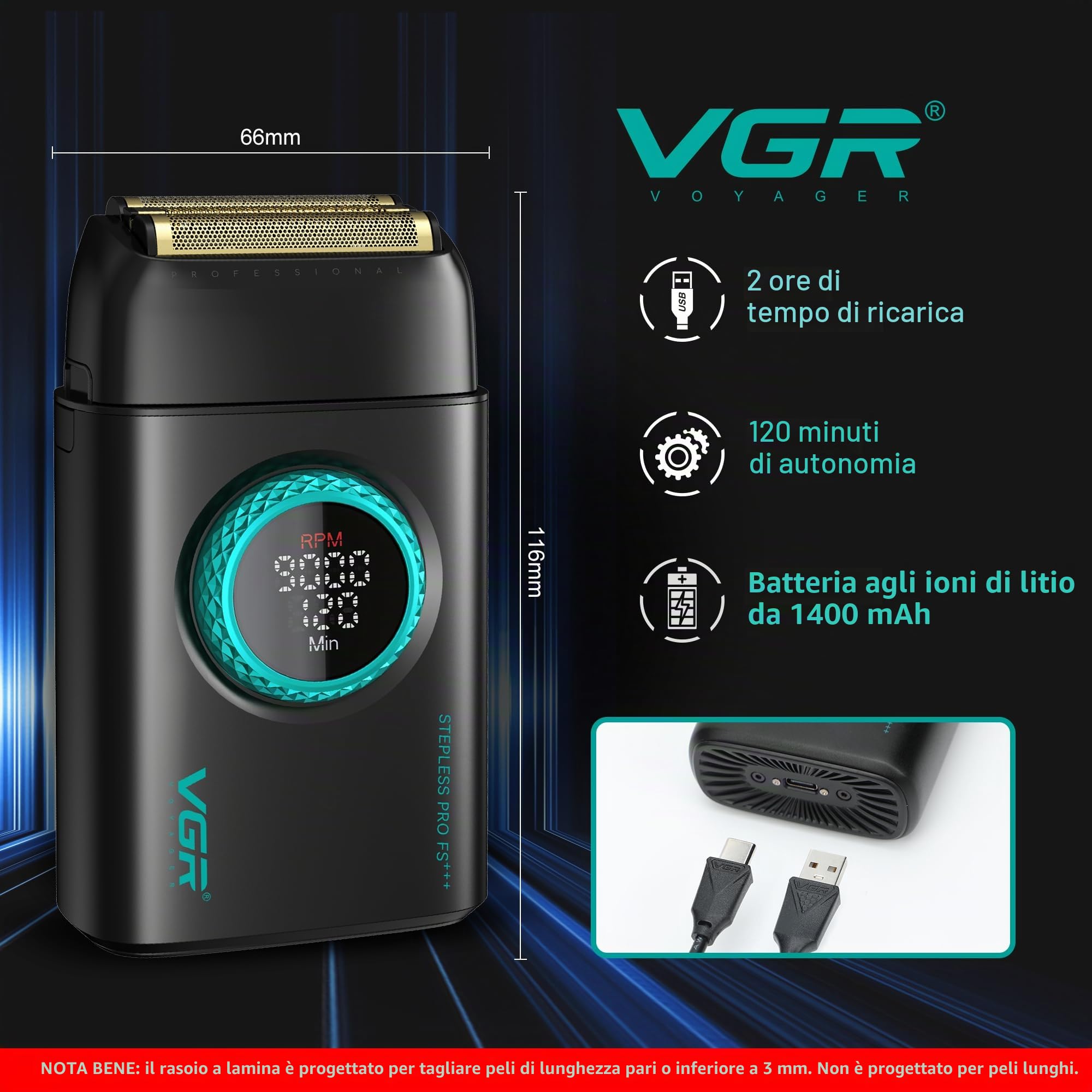 VGR Rasoio elettrico professionale per uomo, viso, barba, collo, pelle sbiadita e testa calva, ricaricabile USB-C senza fili, doppia lamina di titanio galleggiante, 21 velocità 7000-9000 giri/min