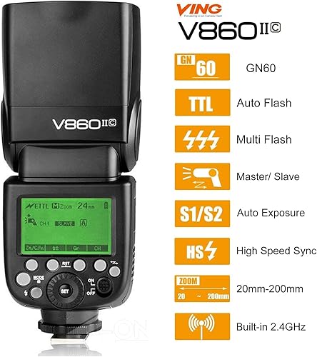 Miniatura 2 de Godox Flash TTL V860II-C para Canon, GN60 2.4G Speedlite inalámbrico para Canon HSS 18000s, batería de iones de litio de 2000 mAh, aproximadamente