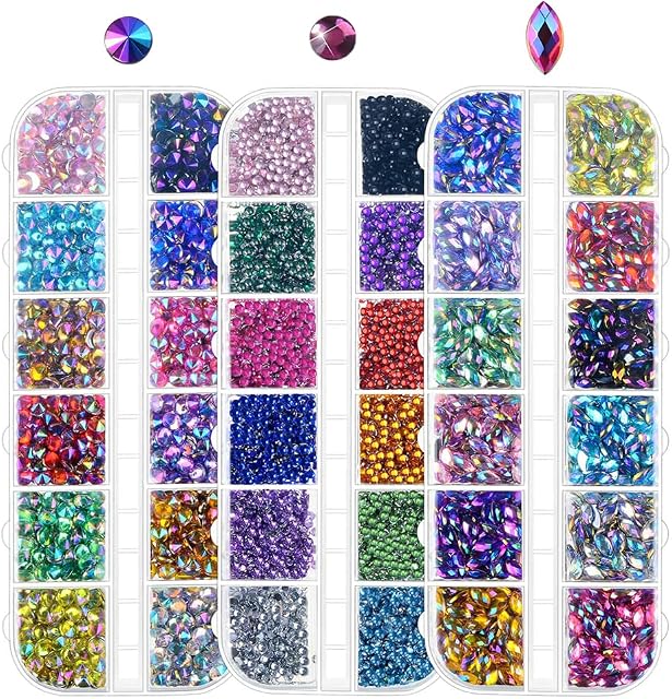 Nail Art Rhinestones Kit 4000Pcs, Flat Back Sharp/Half Round/Horse Eye Rhinestone Multicolor Crystal Gem for Nail Decoration Craft DIY Facial Make Up (Free Pickup Tweezer)