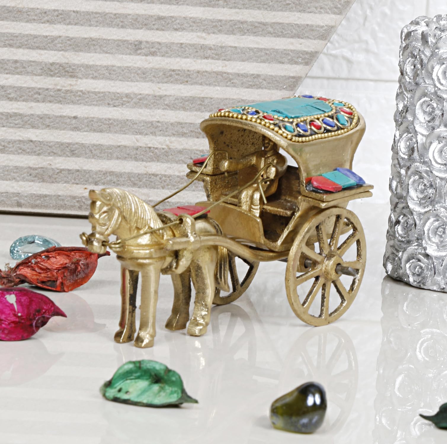 Kartique Brass Horse Cart Tanga Rath Showpiece In Muliticolor
