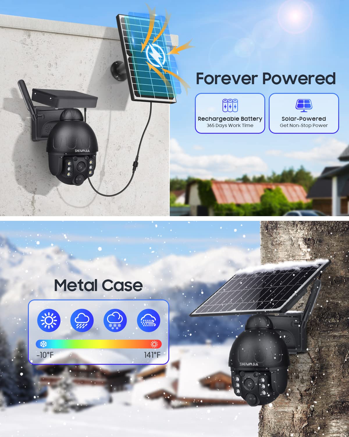 SHIWOJIA 4G LTE Telecamera Senza Fili con Pannello Solare, 2K 3MP Telecamera con SIM, Scocca in Metallo, PIR Sensore di Movimento, 355°Pan &120°Tilt, Audio a 2 Vie(non per LAN o Wi-Fi)