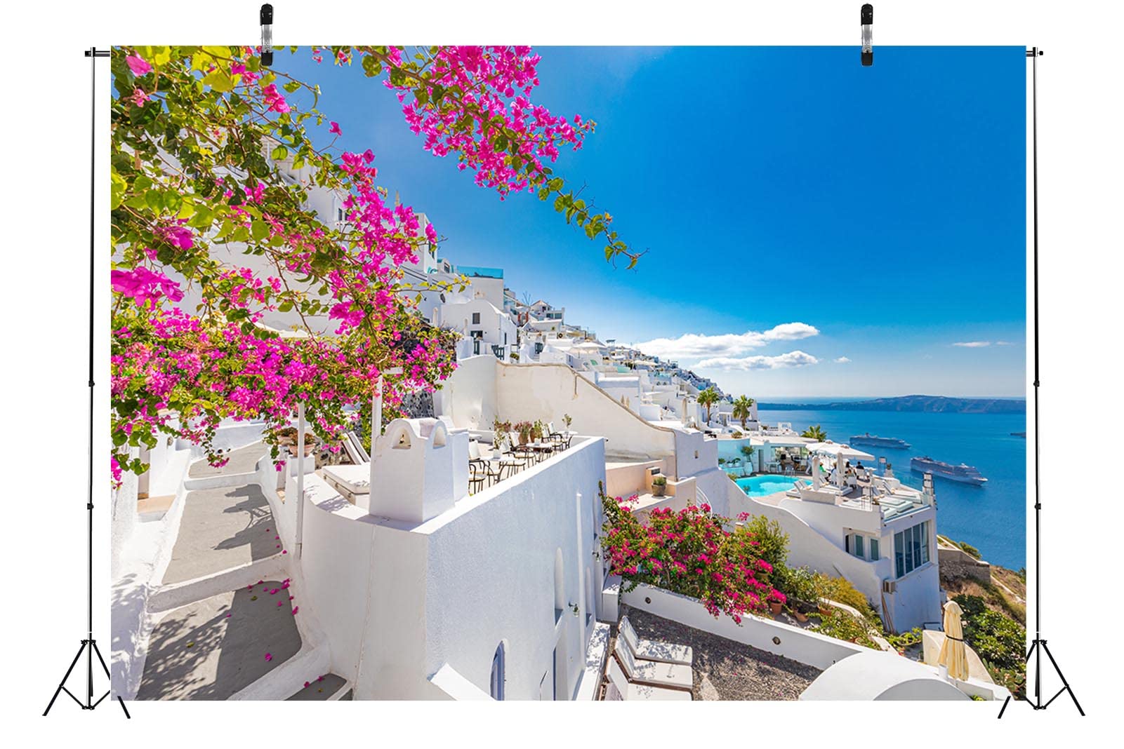 10x8ft Fondo de Tela Azul mar Santorini Isla Grecia Arquitectura Blanca Oia Luxury Resort fotografía Fondo para Decoraciones de Fiesta Mamma MIA Fiesta de cumpleaños Griega
