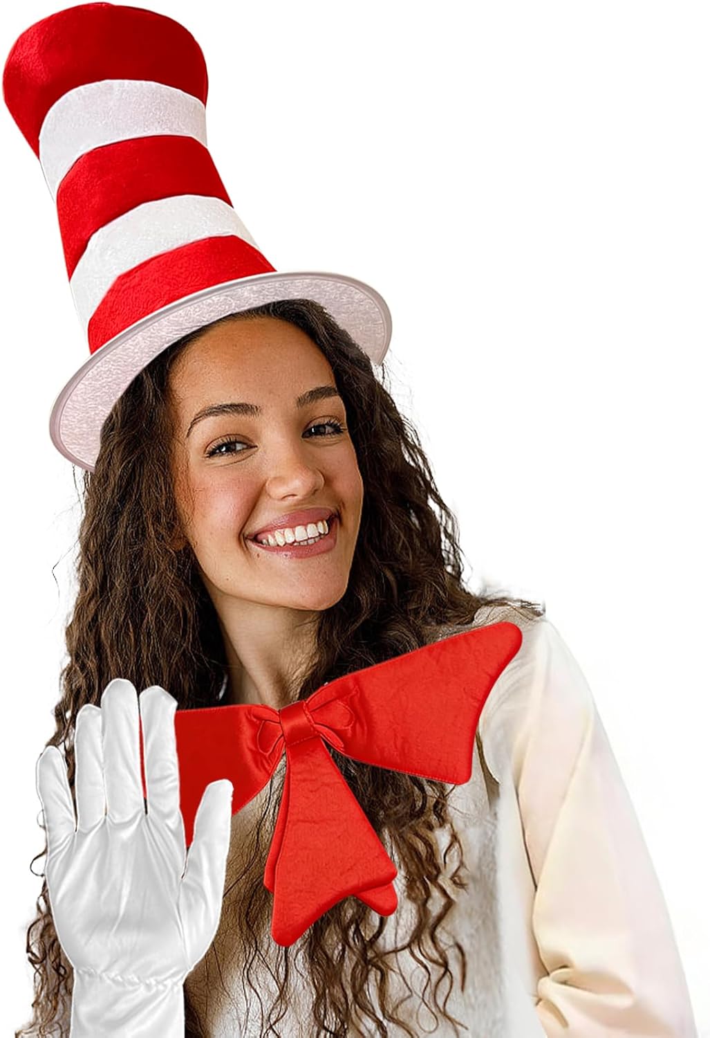 Red and White Striped Top Hat with Gloves and Bow Tie, Adult Standard Size, Felt Material, Book Character Theme, Halloween Cat Hat Costume Accessories Set - Image 5
