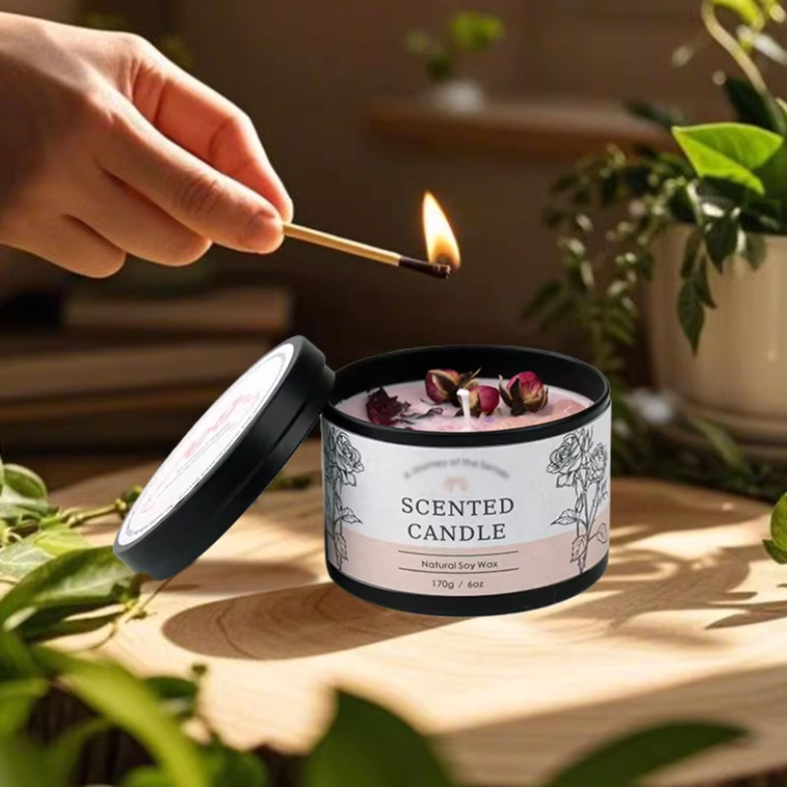 Compacto Velas de lámina de hierro, velas en tarro reutilizables con cristales y flores secas, hechas con cera de soja y aceites esenciales botánicos no es picante(Osmanthus Green Tea)