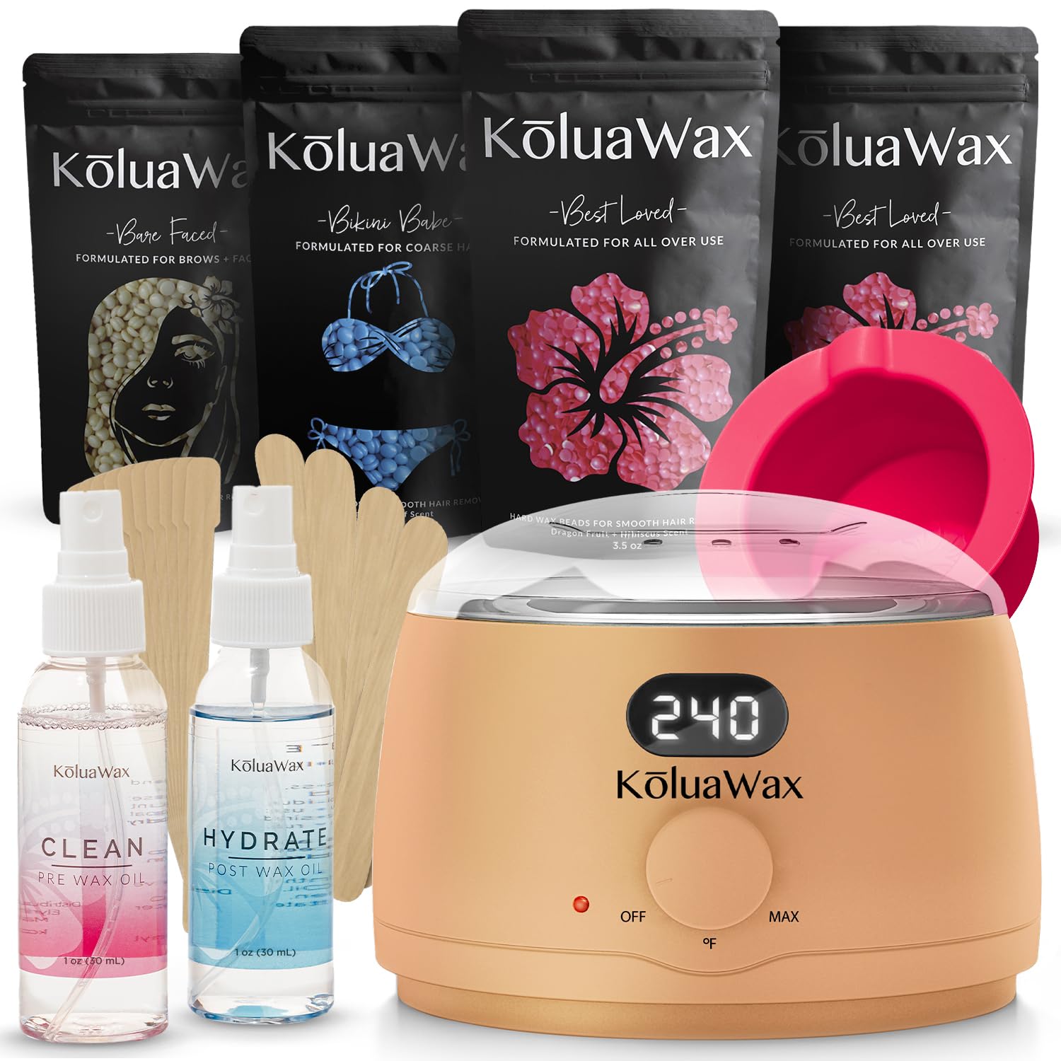 KoluaWax Premium Waxing Kit for Women - Hot Melt Hard Wax Warmer for Hair Removal, Eyebrow, Bikini, Legs, Face, Brazilian Wax - Machine, 4-Pack Beads, Accessories, Peach Fuzz
