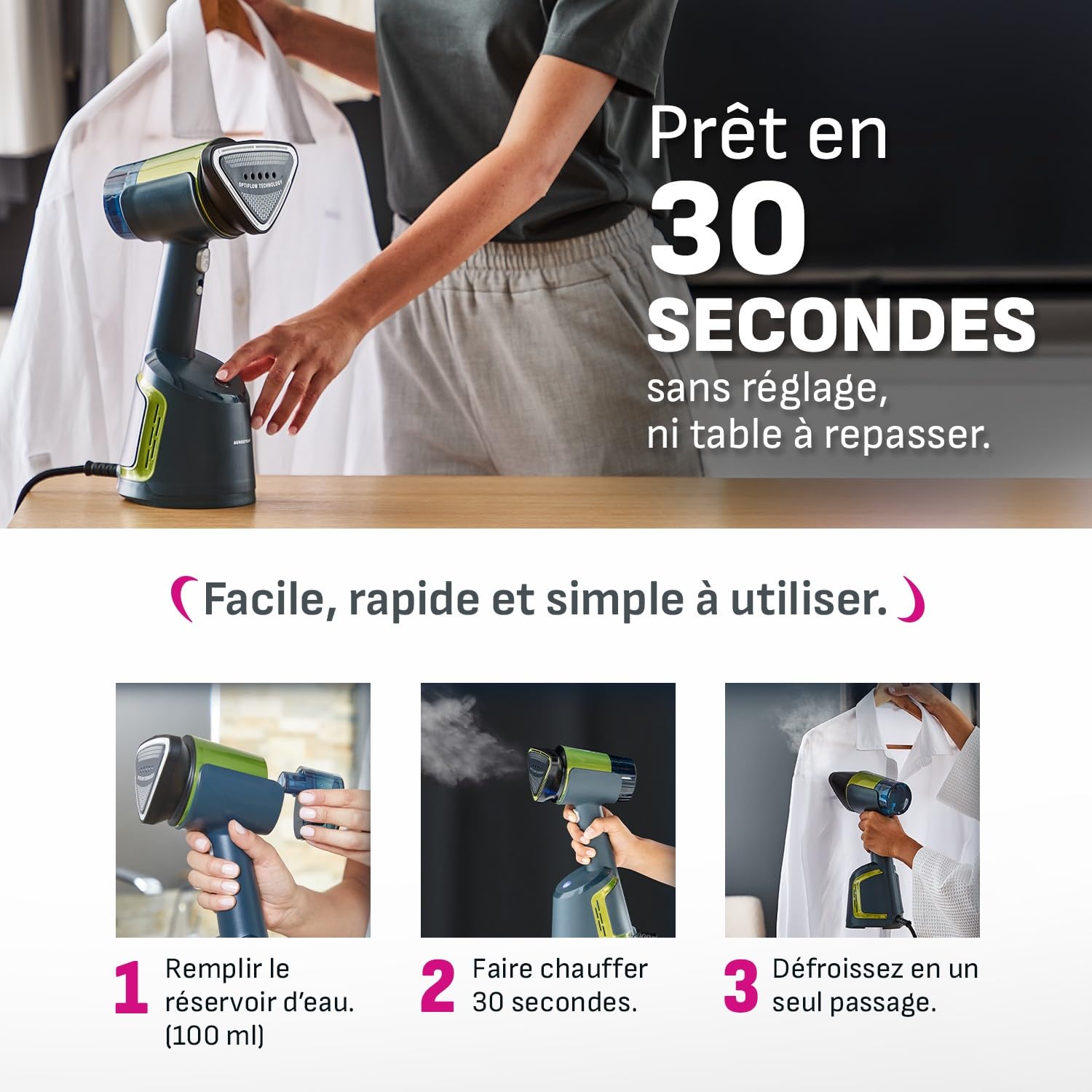 Calor AeroSteam défroisseur à main, Nouvelle technologie révolutionnaire, Résultats d’un fer à repasser en un seul passage, Rapide, Facile d'utilisation sans crochet, Fabriqué en France, DT9810C0