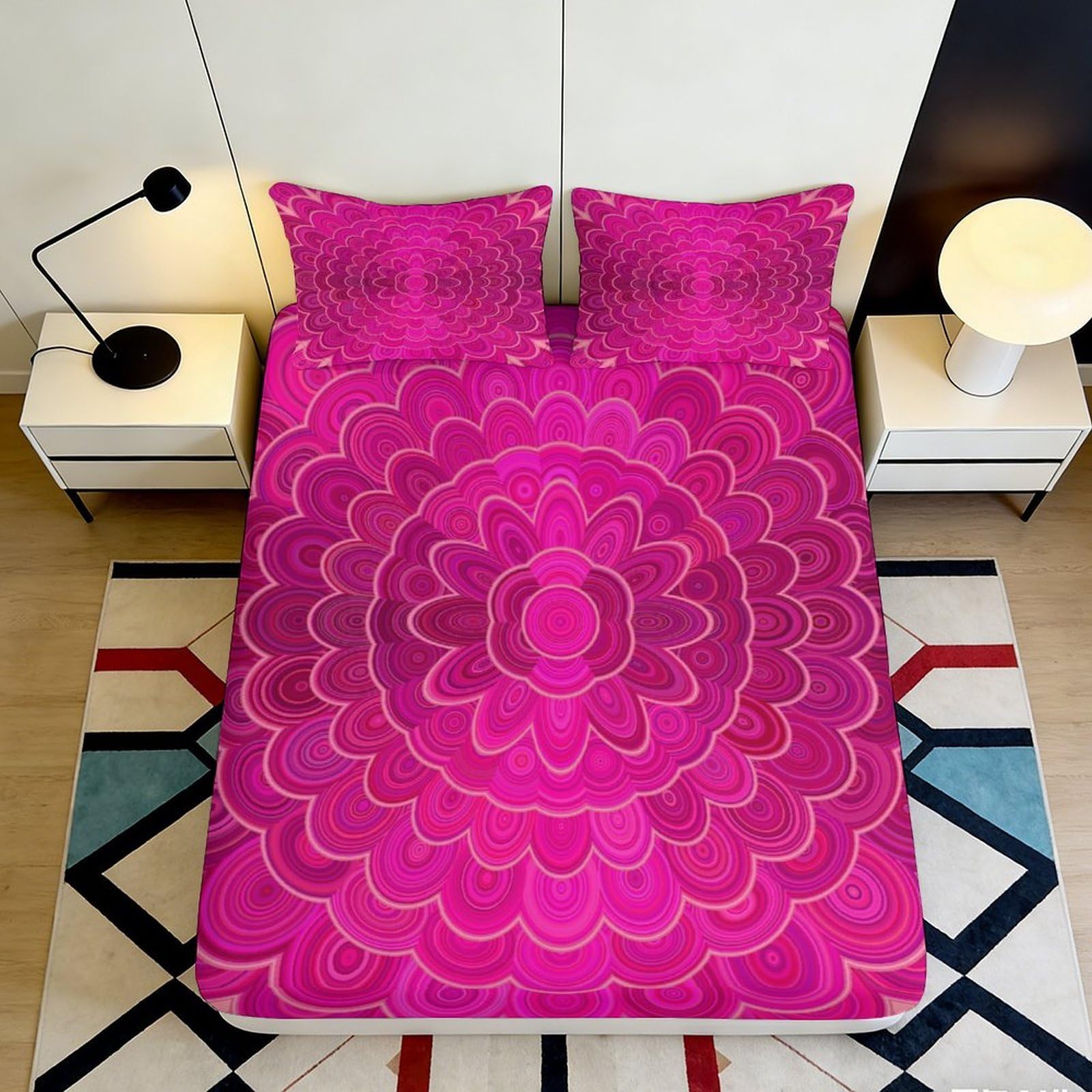 3D Printed Mandala Fitted Sheet Microfiber Deep Pocket Non-Slip Bedroom Mandala Mattress Fitted Cover Washable 200x200x25cm