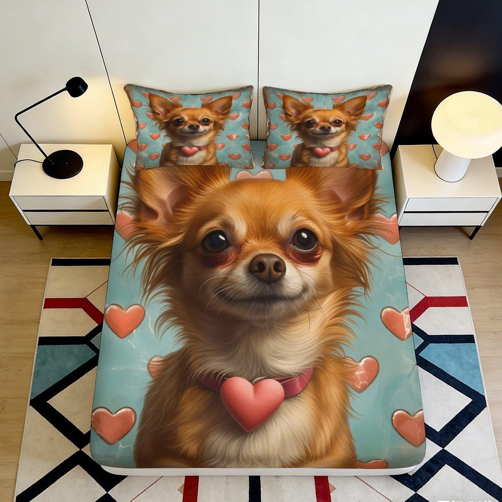 Pnayamiorkfel Style-3 3D Printed Chihuahua Dog Fitted Sheet Microfiber Heart Pattern Bed Cover For Bedroom Dorm Easy Care Mattress Protection 90X200x25cm