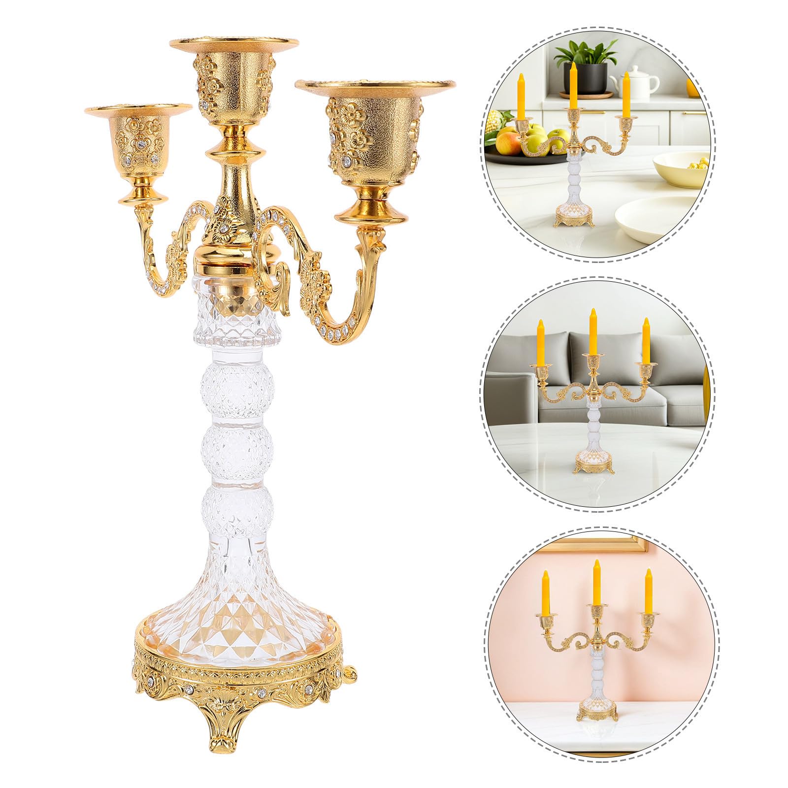Cabilock Goldener aus Aluminiumlegierung und Glas 3 Armiger Kandelaber mit Romantischem Kerzenlicht zur Thanksgiving und Weihnachtsfeier für Festliche Tischdekoration