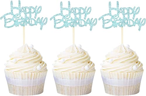 Ercadio Paquete de 24 adornos para cupcakes con purpurina azul para decoración de baby shower de niño, fiesta de primer cumpleaños