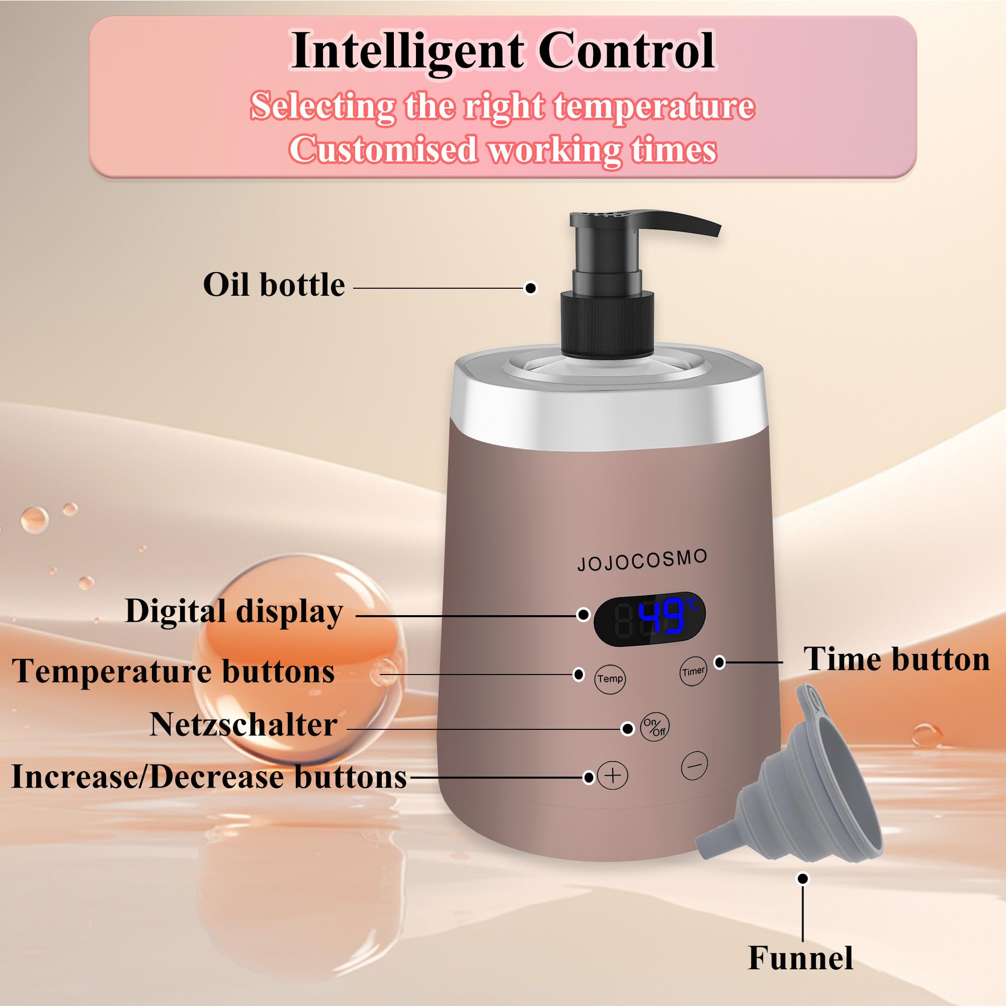 Calentador de aceite de masaje, con 2 dispensadores de botellas de loción, temperatura ajustable de 30.0 °C a 65.0 °C, pantalla conmutable ℉/℃, adecuado para masaje de salón y hogar, oro