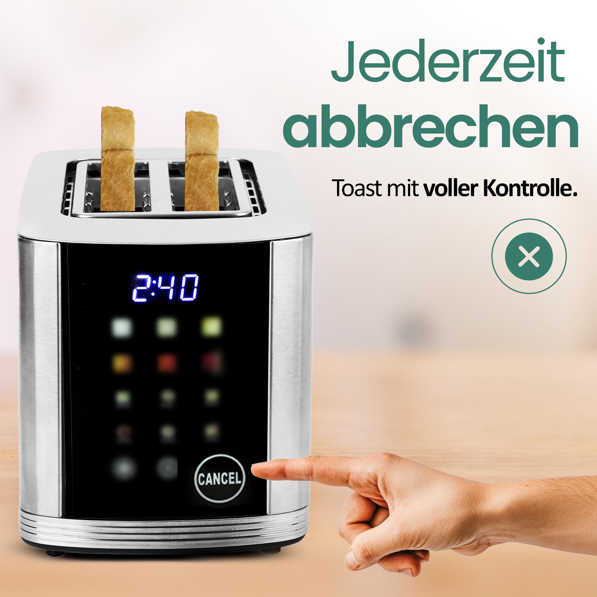 EMERIO TO-132888 Grille-pain en acier inoxydable avec grand écran couleur | Touch | 2 fentes à toast | Centrage automatique | Tiroir ramasse-miettes | Démolition/décongélation/chauffage | 6