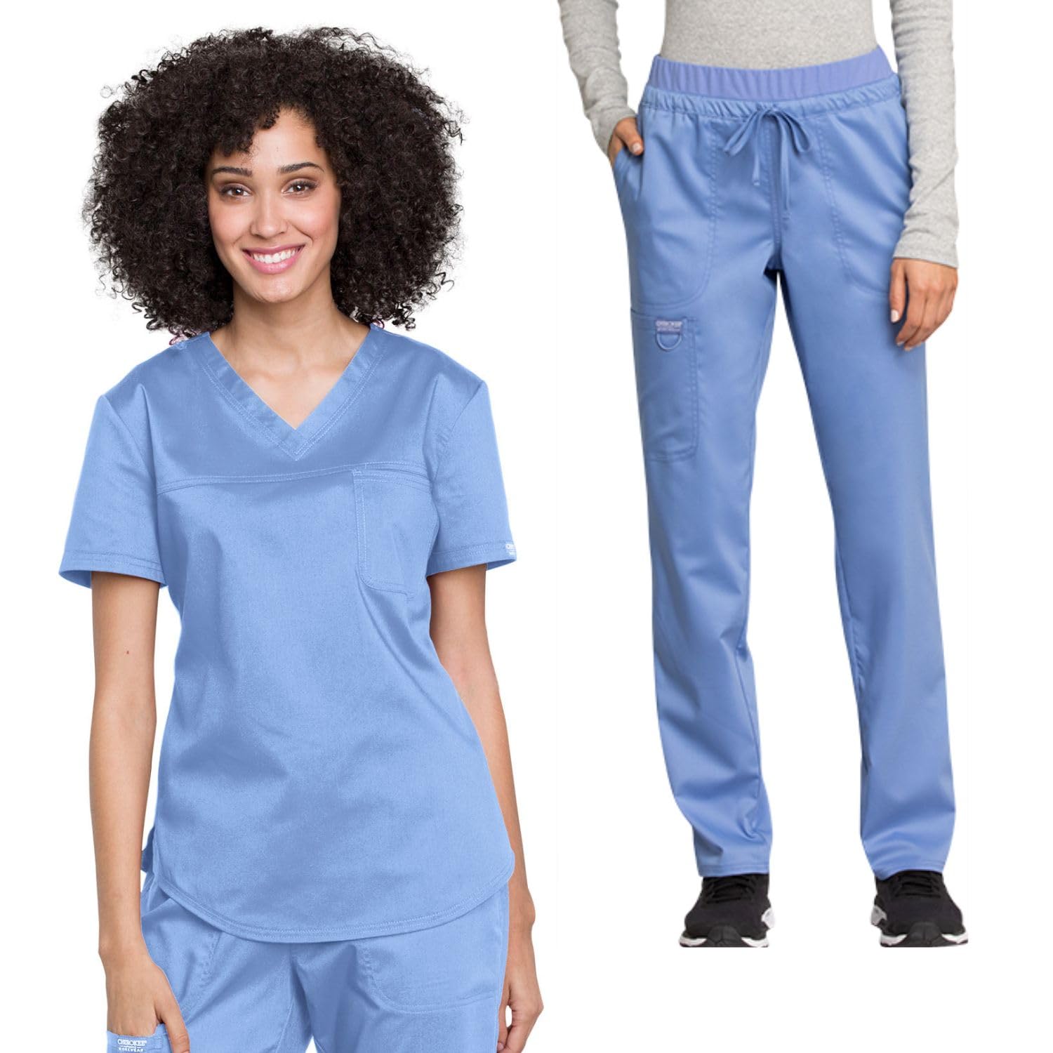 Cherokee Conjunto de ropa quirúrgica para mujer con cuello en V, WW657 con pantalón médico de tiro medio y pierna cónica con cordón, WW105, Ciel- XL Top/pantalón XL
