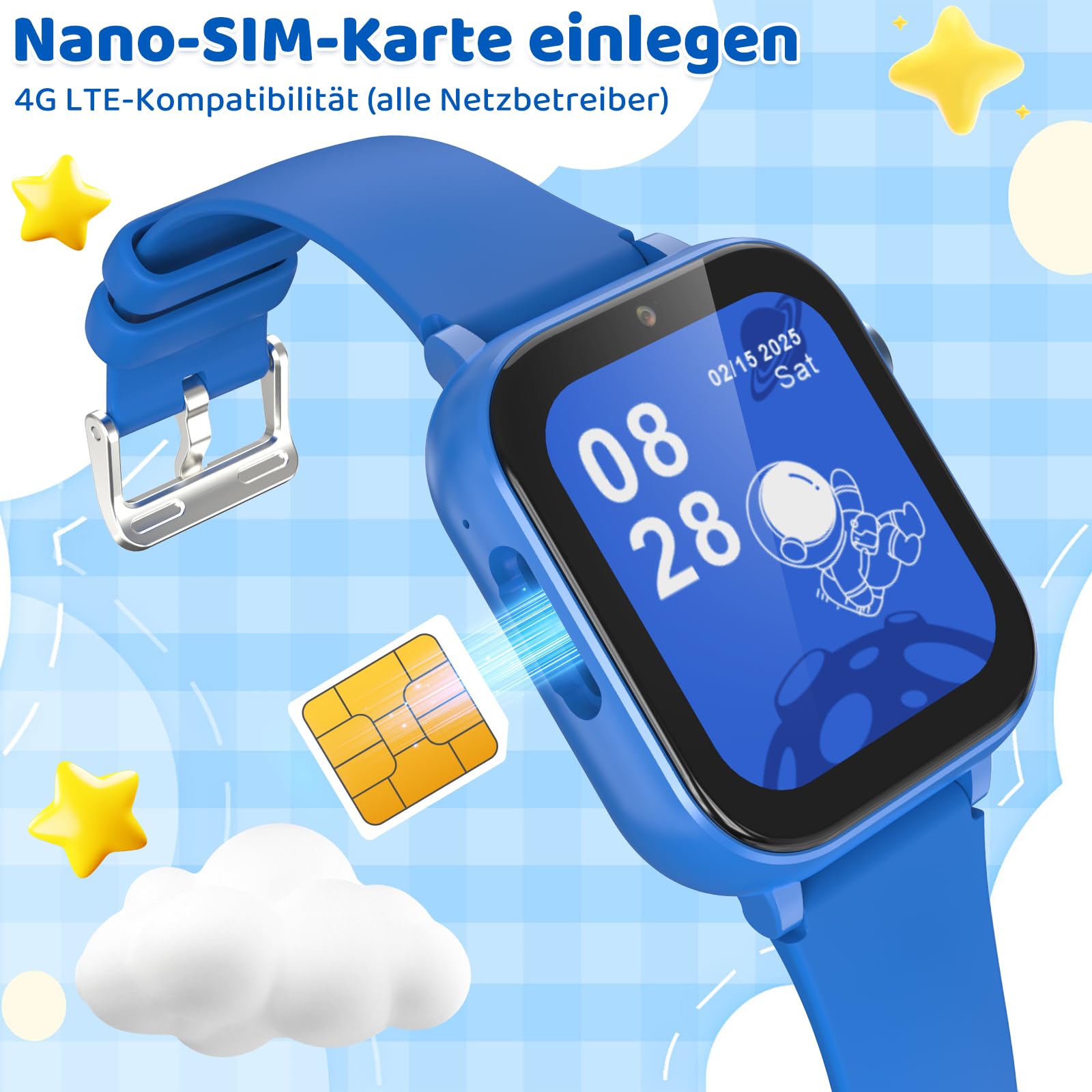 4G Reloj inteligente para niños con función de llamada de voz, reloj de teléfono, reloj para niños con cámara de fotos juegos despertador pantalla táctil función llamada impermeable IPX7, azul