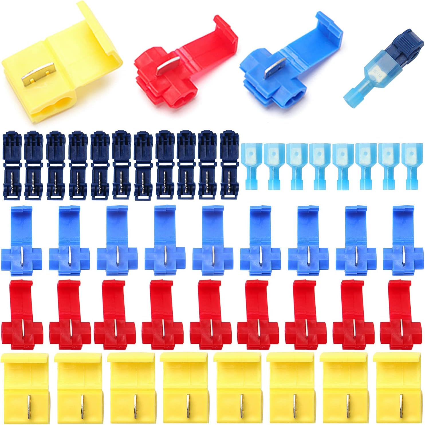 70 PCS Quick Splice Electrical Wire Connectors, T-Tap Electrical Connectors, Branch Connectors, Insulated Self-Stripping Crimp Spade Connector Set (Red, Blue, Yellow, Dark Blue)