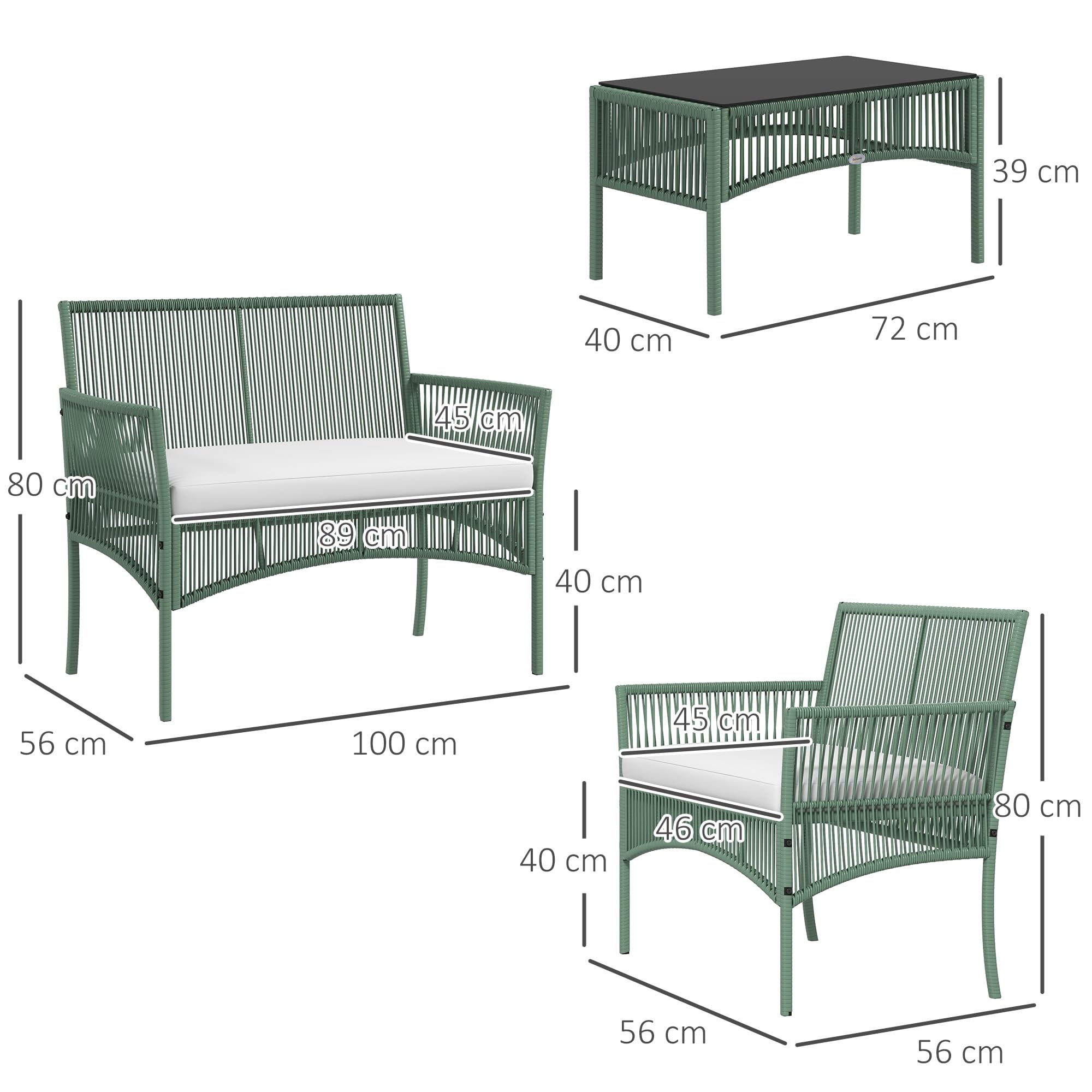 Outsunny Set da Giardino in Rattan 4 Pezzi, Poltrone e Divano e Tavolino, Verde e Nero