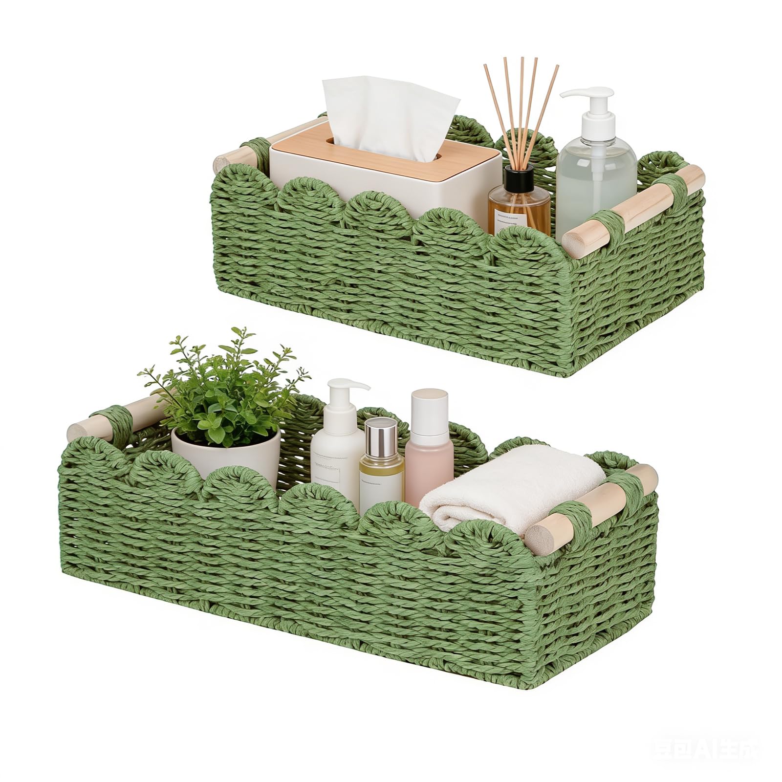 Juego de 2 cestas de almacenamiento, cestas trenzadas con asas de madera, caja tejida a mano, cestas de almacenamiento, cestas decorativas, organizadores de encimera, para cocina, dormitorio, salón