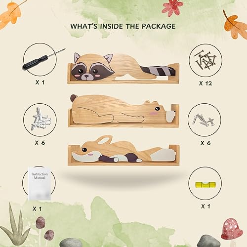 Miniatura 7 de 3 estantes flotantes, estante de pared para habitaciones de niños, estanterías de guardería de bosque, zorro de oso y mapache de 24 pulgadas