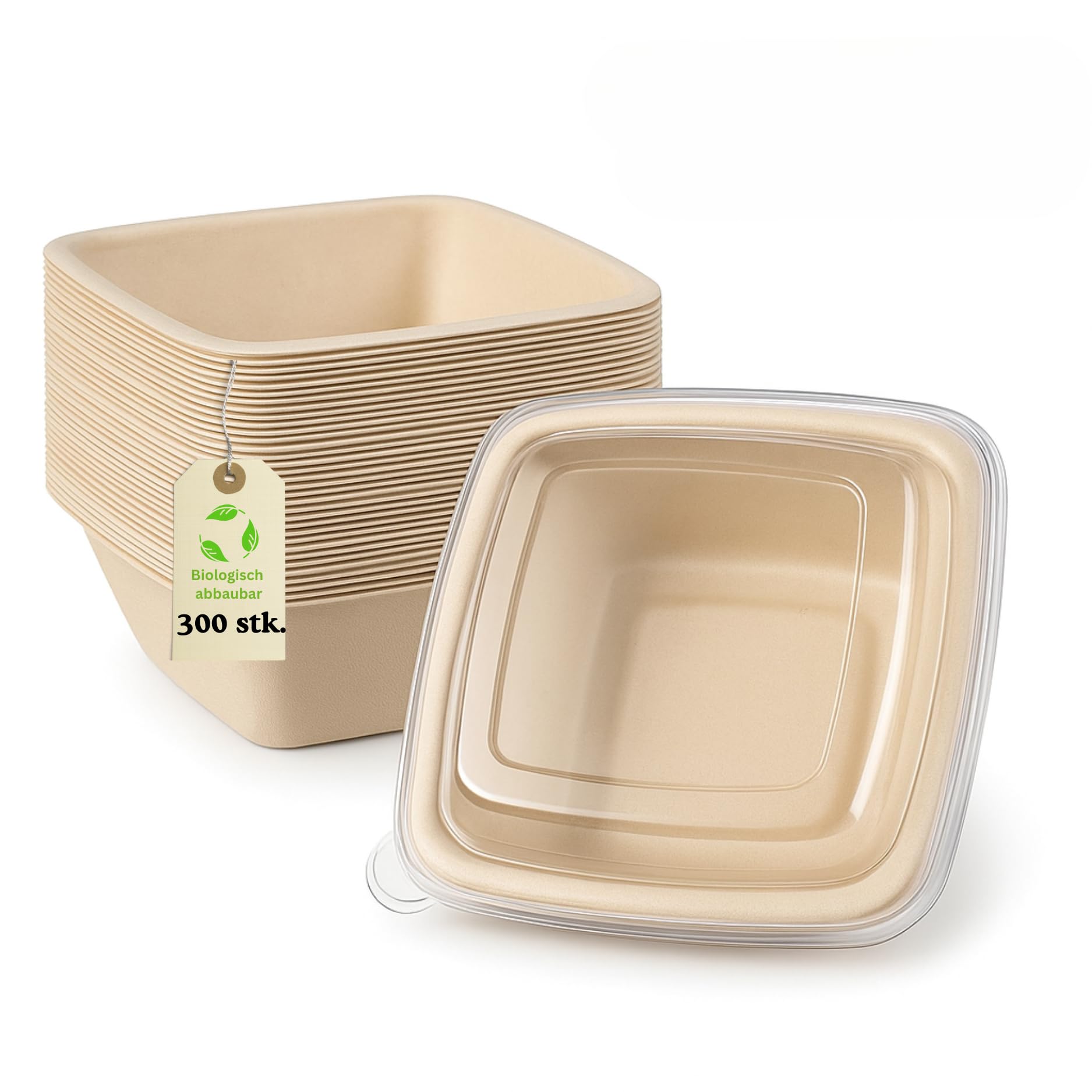 300 stück 1L Bagasse Eckig Schalen mit Deckel Biologisch abbaubare To-Go Boxen – Auslaufsicher & Mikrowellengeeignet – Einwegverpackung für Catering, Takeaway & Foodtruck