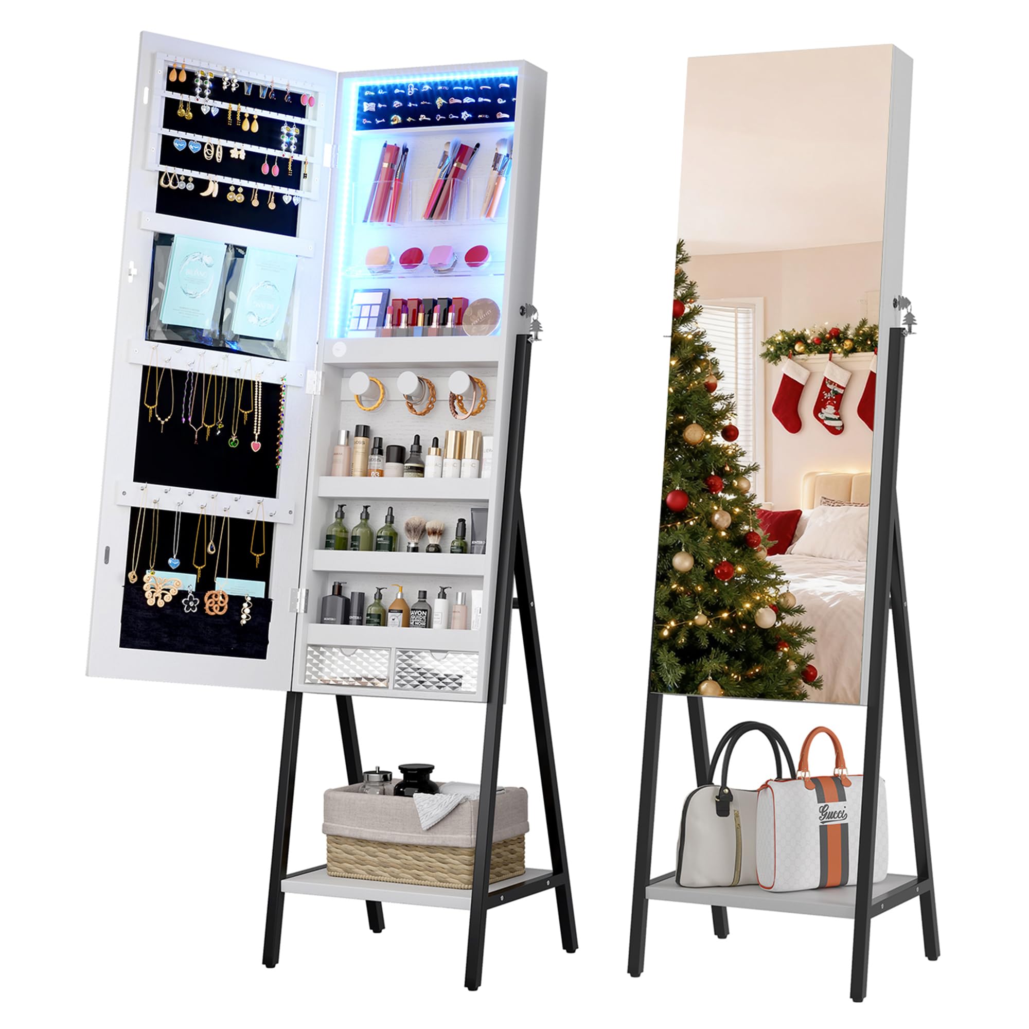 LVSOMT 3 LEDs Mirror Jewelry Cabinet, 60.4" Jewelry Mirror Full Length, Standing Lockable Jewelry Armoire Organizer, Floor Mirror with Storage for Jewelry Cosmetics, White