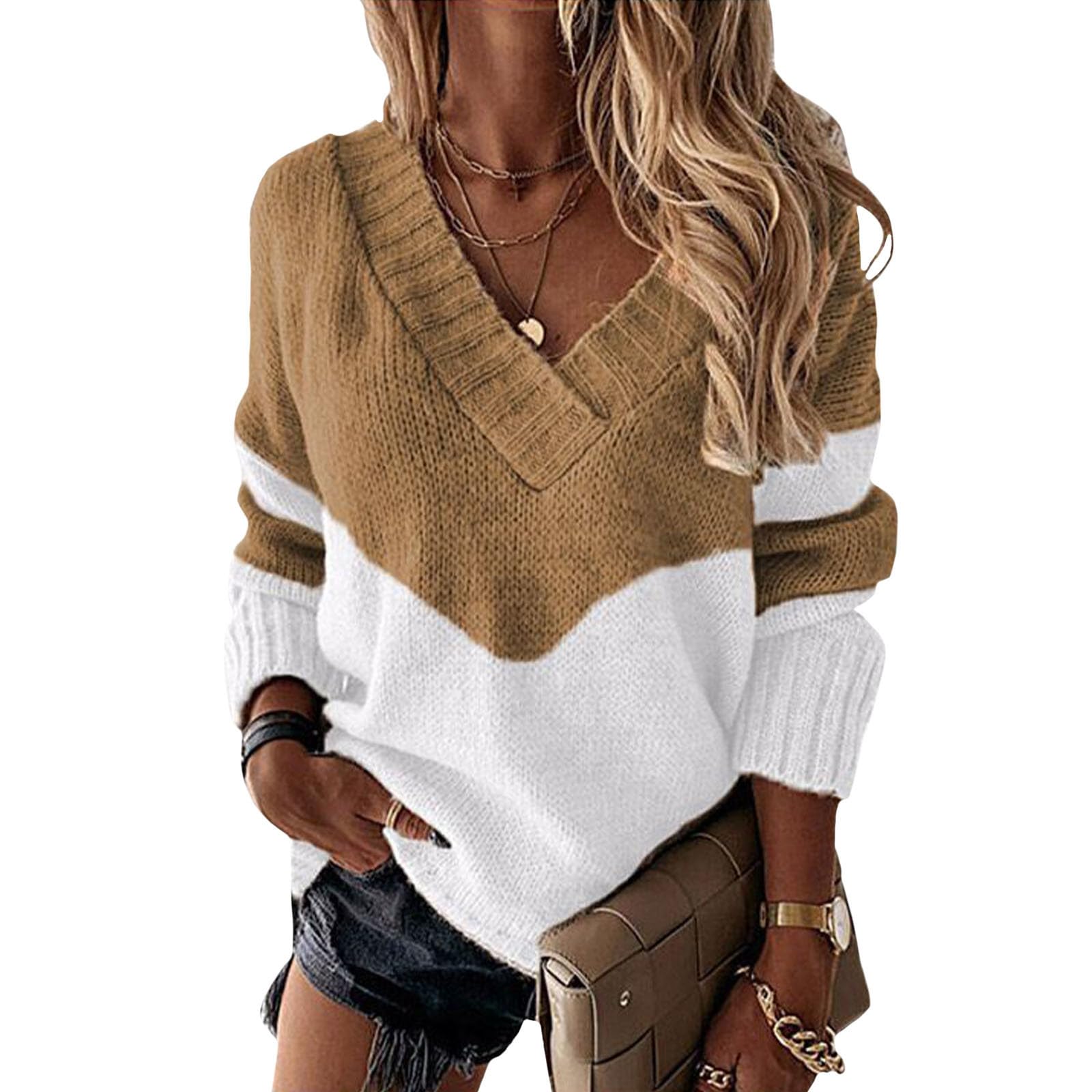 Oversized Sweaters for Women Fall V Neck Color Block Knitted Sweater Tops Winter Loose Striped Jumper Sweater Pullover