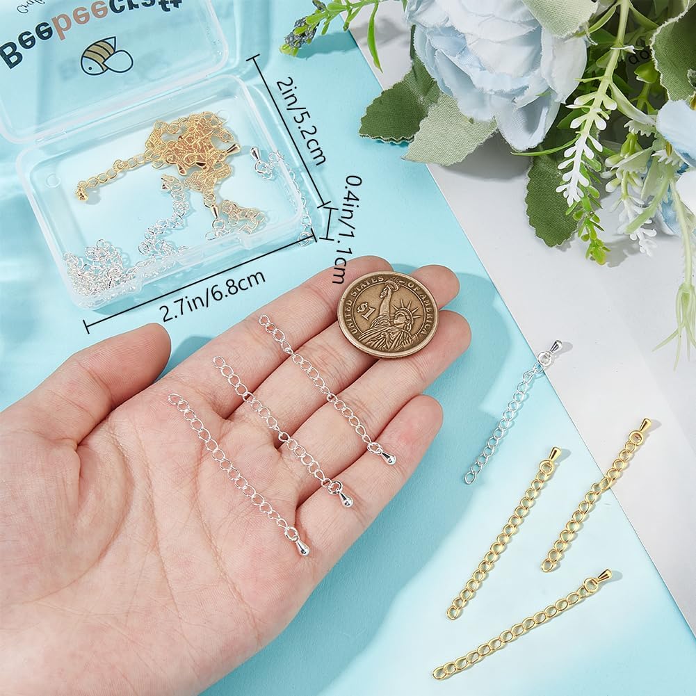 Beebeecraft 20Pcs 2 Colors Teardrop Chain Extender, 18K Gold & Sterling Silver Plated Bracelet Extender Chains Charm Extension Curb Chains Tails for Jewelry Making Necklaces DIY Crafts Supplies