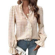 MINTLIMIT Womens Plaid Blouse Peasant Button Down Ruffle Neck Plaid Puff Long Sleeve Gingham Blouse Shirts