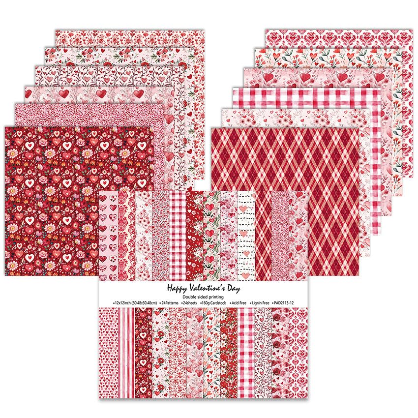Scrapbook Papier 24 Blatt, 30,5 x 30,5 cm, Doppelseitiges Muster Papier, Elegant Blumenmuster Dekorpapier Set, Craft Papiers für DIY Fotoalbum und Scrapbook Dekoration (Rosa)