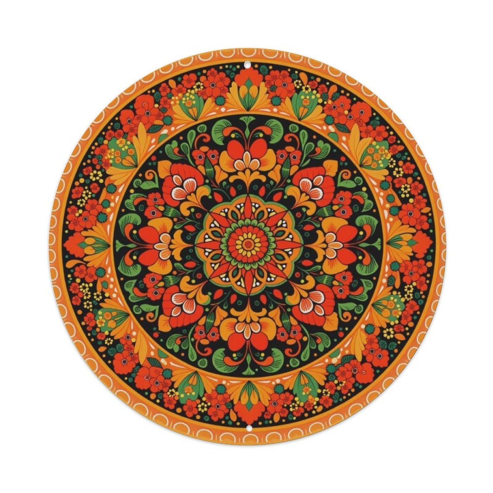 Orange Red Folk Floral Mandala Round Decor Sign Vintage Aluminium Metal Sign, Retro Wall Decor for Home, Bar, Garage & Farmhouse 20x20cm