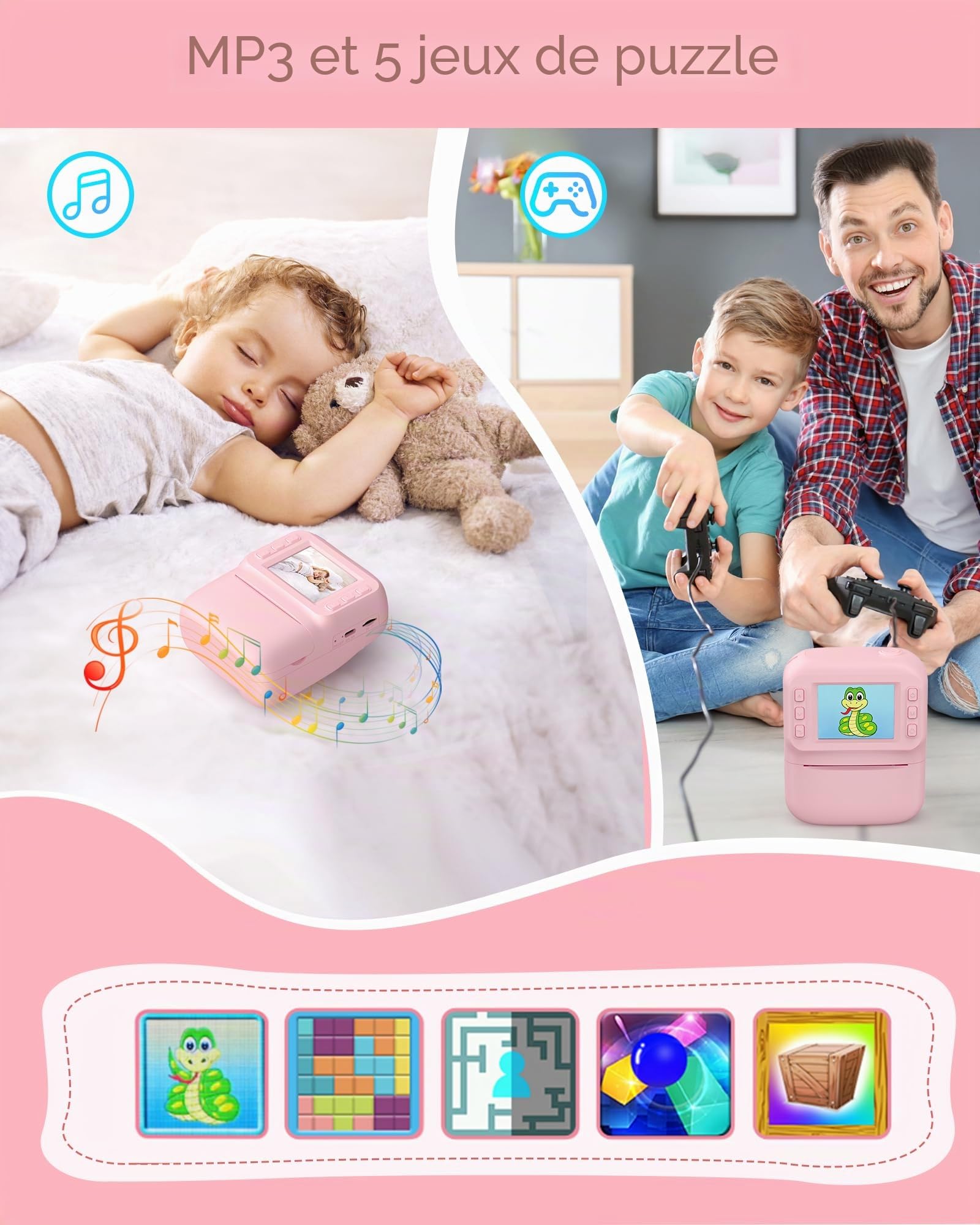 Appareil Photo Instantané Enfants, 48MP 1080P HD Appareil Photo Numérique Enfant avec Carte 32GB et 3 Rouleaux de Papier d'impression, Cadeau pour Enfants pour Filles, Garçons 10 Ans (Rose)