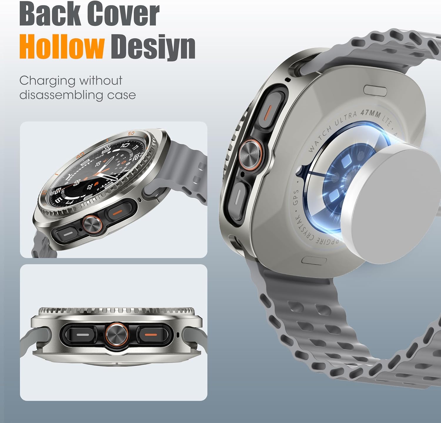 3 in 1 Metal Case for Samsung Galaxy Watch Ultra 47mm with Screen Protector, Rugged Metal Bumper with 9H Tempered Glass Film + Back Cover for Galaxy Watch Ultra 47mm - Image 4