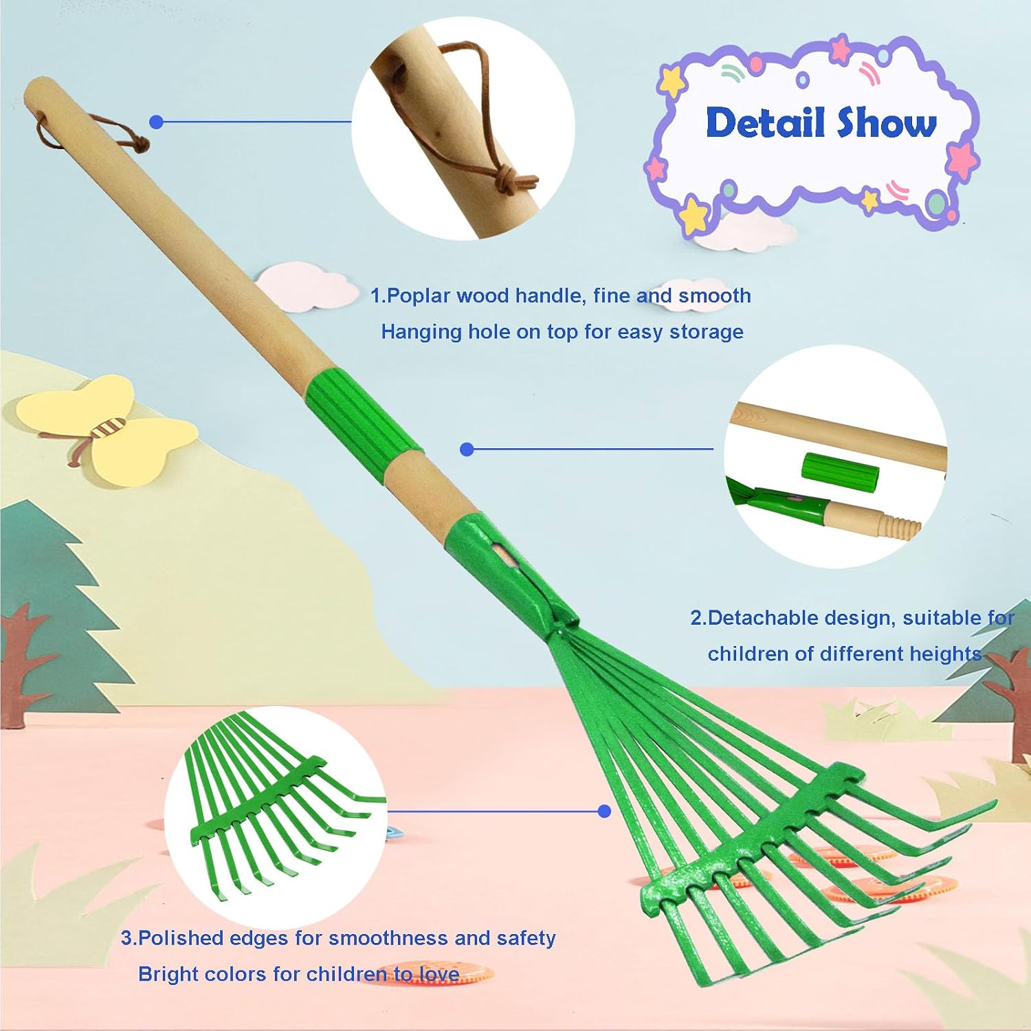 Kids Leaf Rake-Small Wooden Handle Leaf Rake with Metal Tines, 27inches /69cm Length, for Kids Enjoy Garden Cleaning Activities (Green) image 4