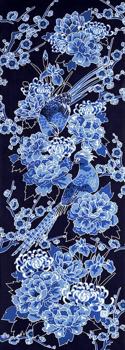 染の安坊 Anbo Tenugui Hand Towel, Blue and White Collection, Flowers and Birds (Navy Blue Background), 100% Cotton, Made in Japan, 13.8 x 39.4 inches
