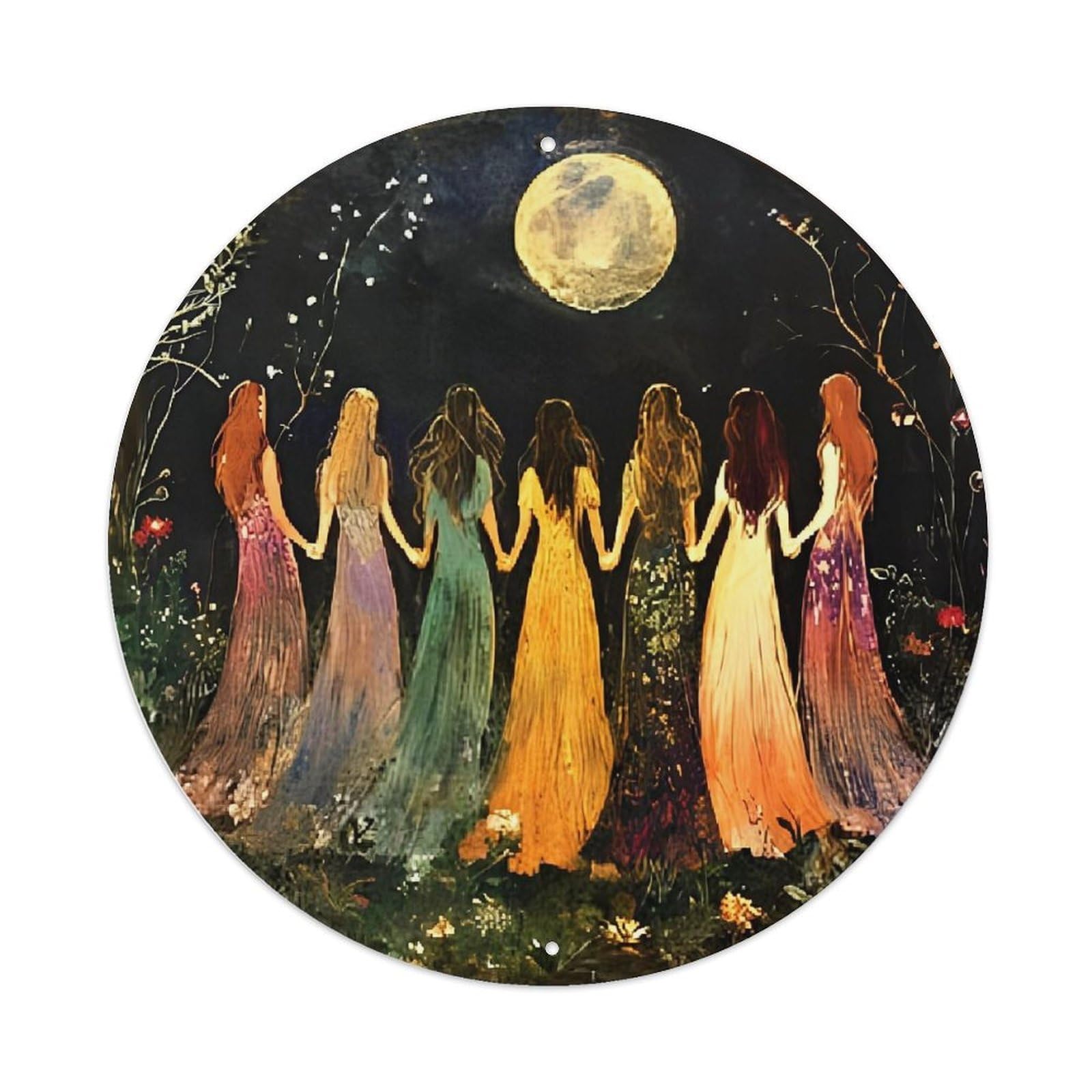 Seven Women Holding Hands Moonlight Retro Metal Tin Sign, Vintage Metal Poster for home, Gaming Room, Studio Workshop,Bar,Garage Wall Art Decor 8x8 inch