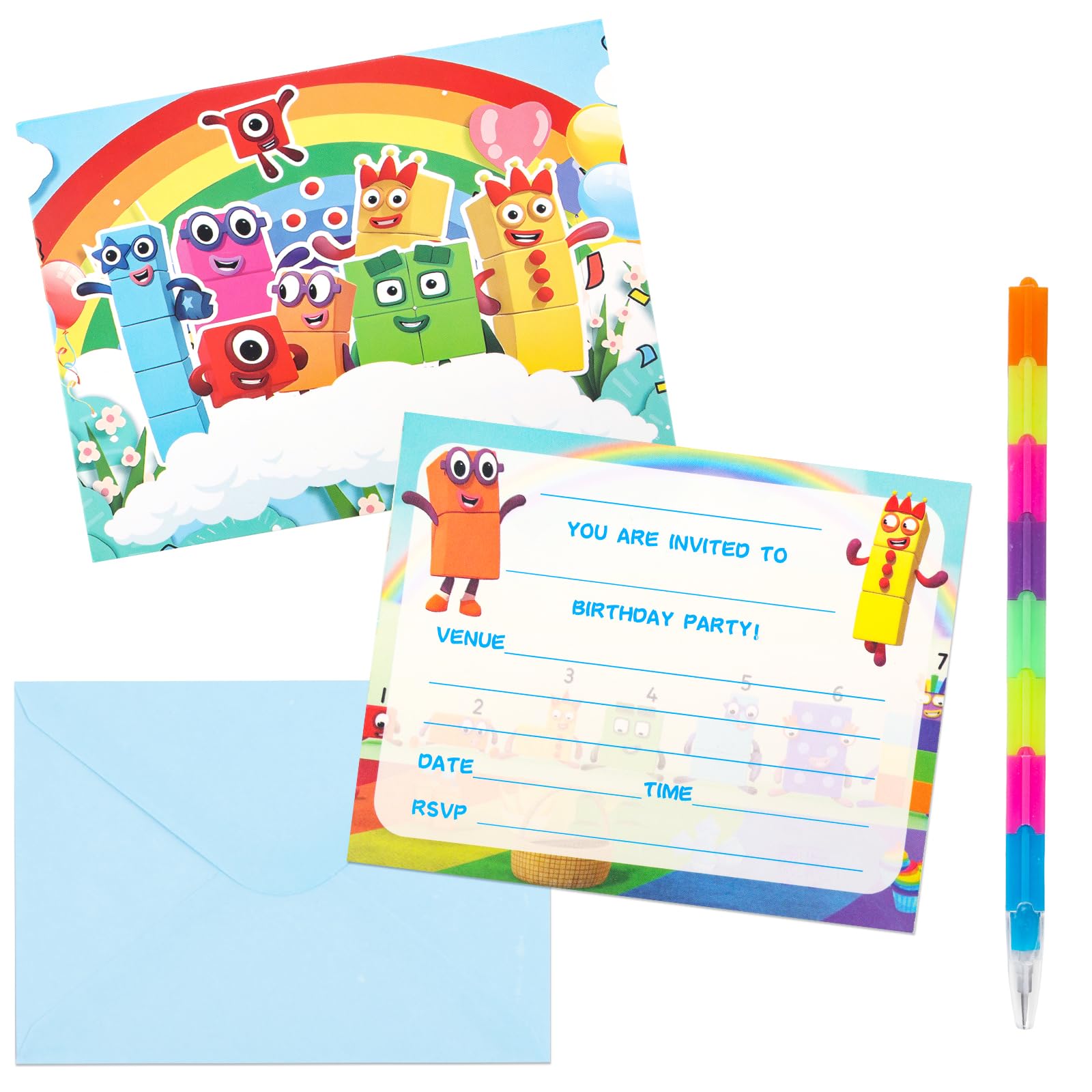 20Pcs Building Blocks Party Invitations+ 1Pcs Kawaii Gel Pen, Kids Birthday Party Invitations with Envelopes, Double Sided Theme Invite Cards+Pens Set for Birthday Baby Shower School Supplies — image 1