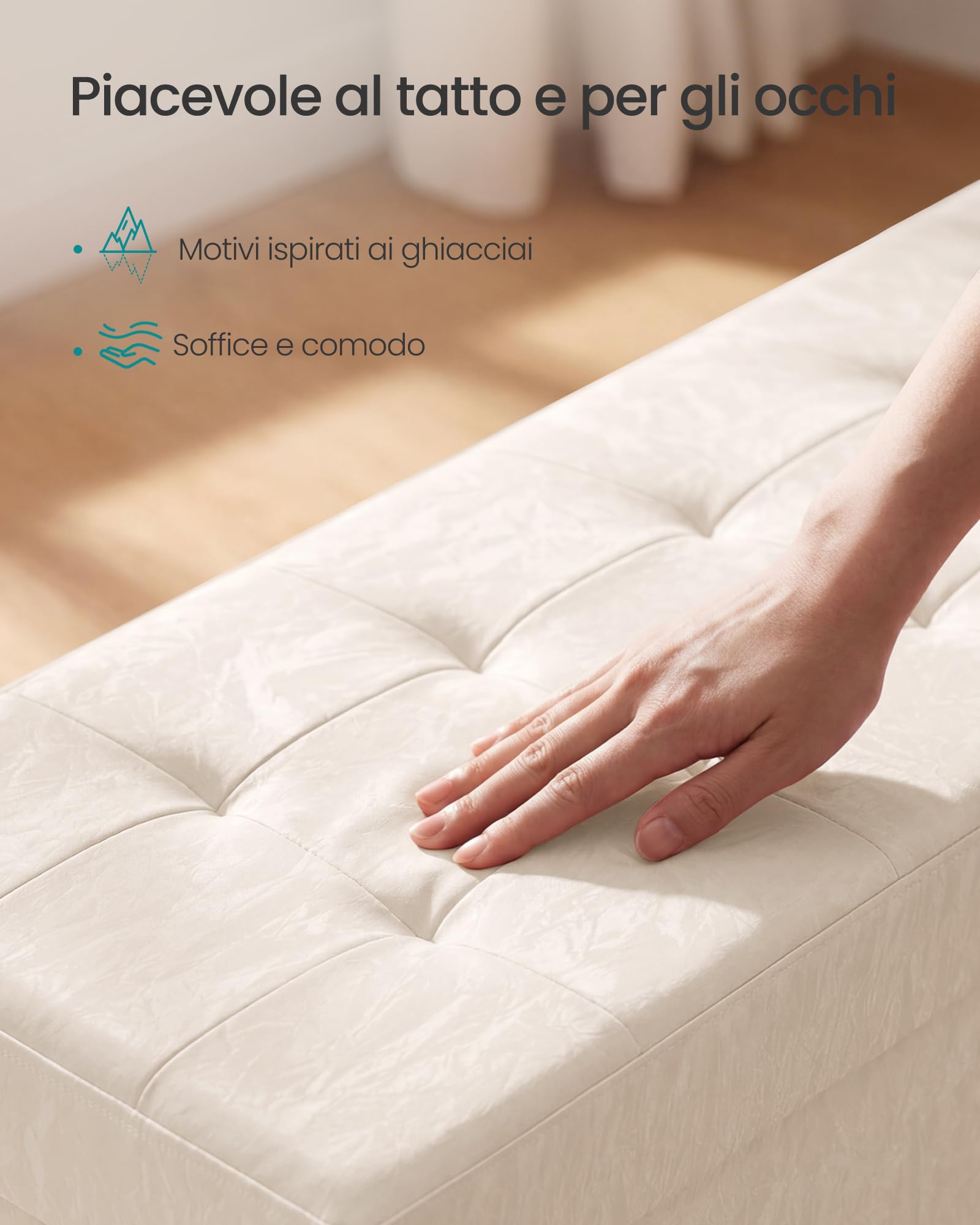 SONGMICS Pouf Contenitore, in Pelle Sintetica, Sgabello Poggiapiedi Pieghevole, Portata 300 kg, 110 x 38 x 40 cm, per Camera da Letto e Ingresso, Bianco Crema, Collezione Minota LSF524WD01