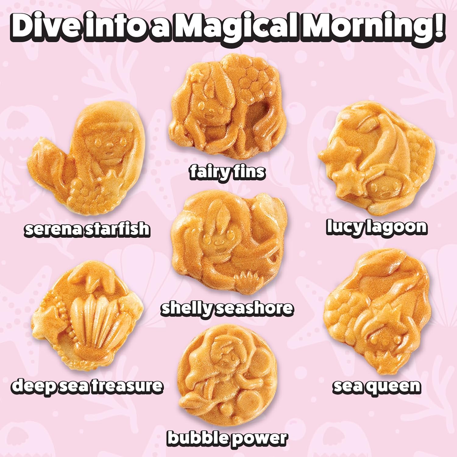 Mermaid Waffle Maker for Summer Fun Breakfast- Create 7 Different Mermaid Shaped Waffles in Minutes - Cool Under the Sea Brunch for Kids & Adults- Electric Nonstick Waffler Iron Ocean Theme w Recipes