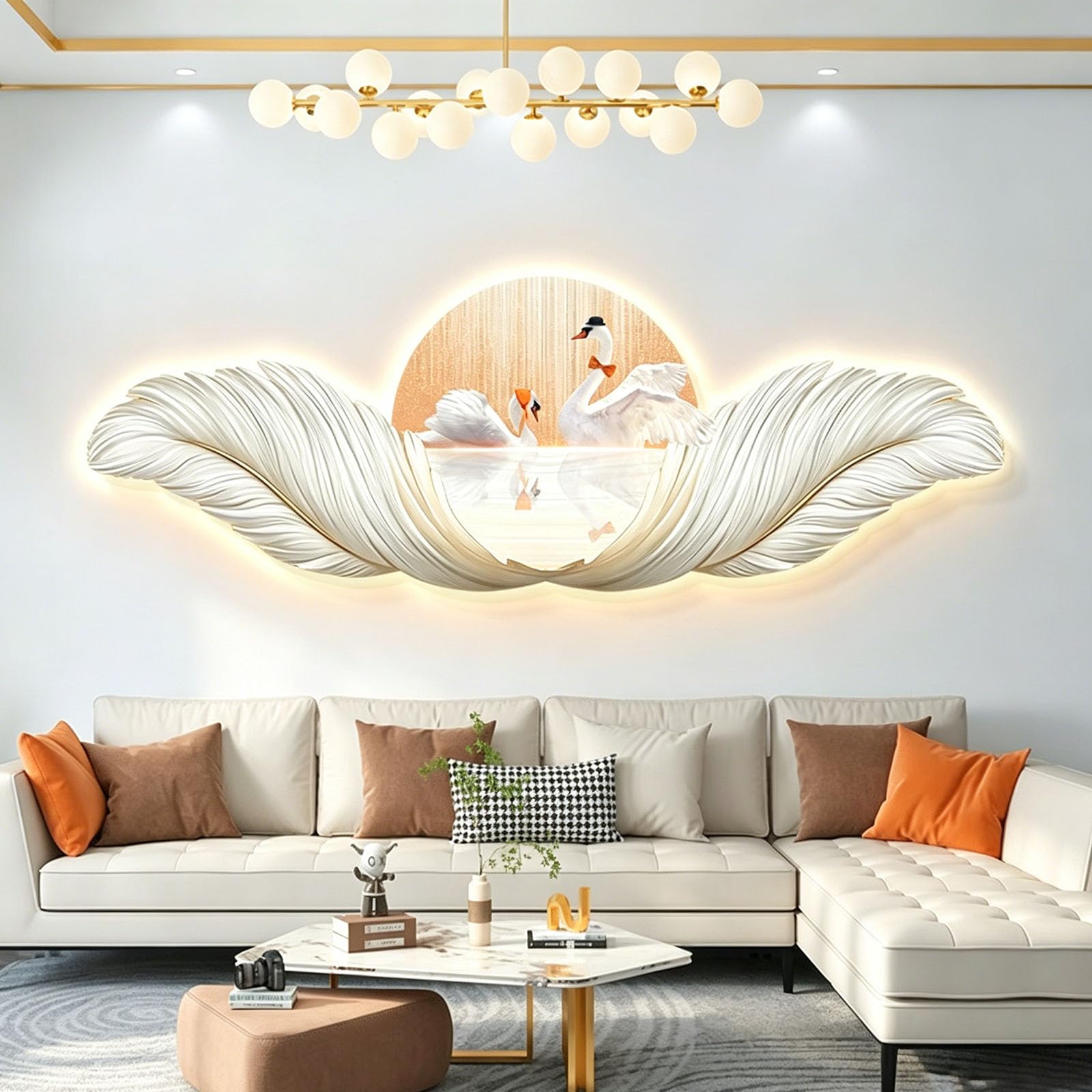 JSLXNDM 3D LED Wall Art Sculpture Lighted Decor, Modern Wall Art Feather & Deer Painting, Decorative Backlit Wall Hanging for Living Room, Bedroom Entryway Hallway D 59.1" × 19.7" (150×50 cm)