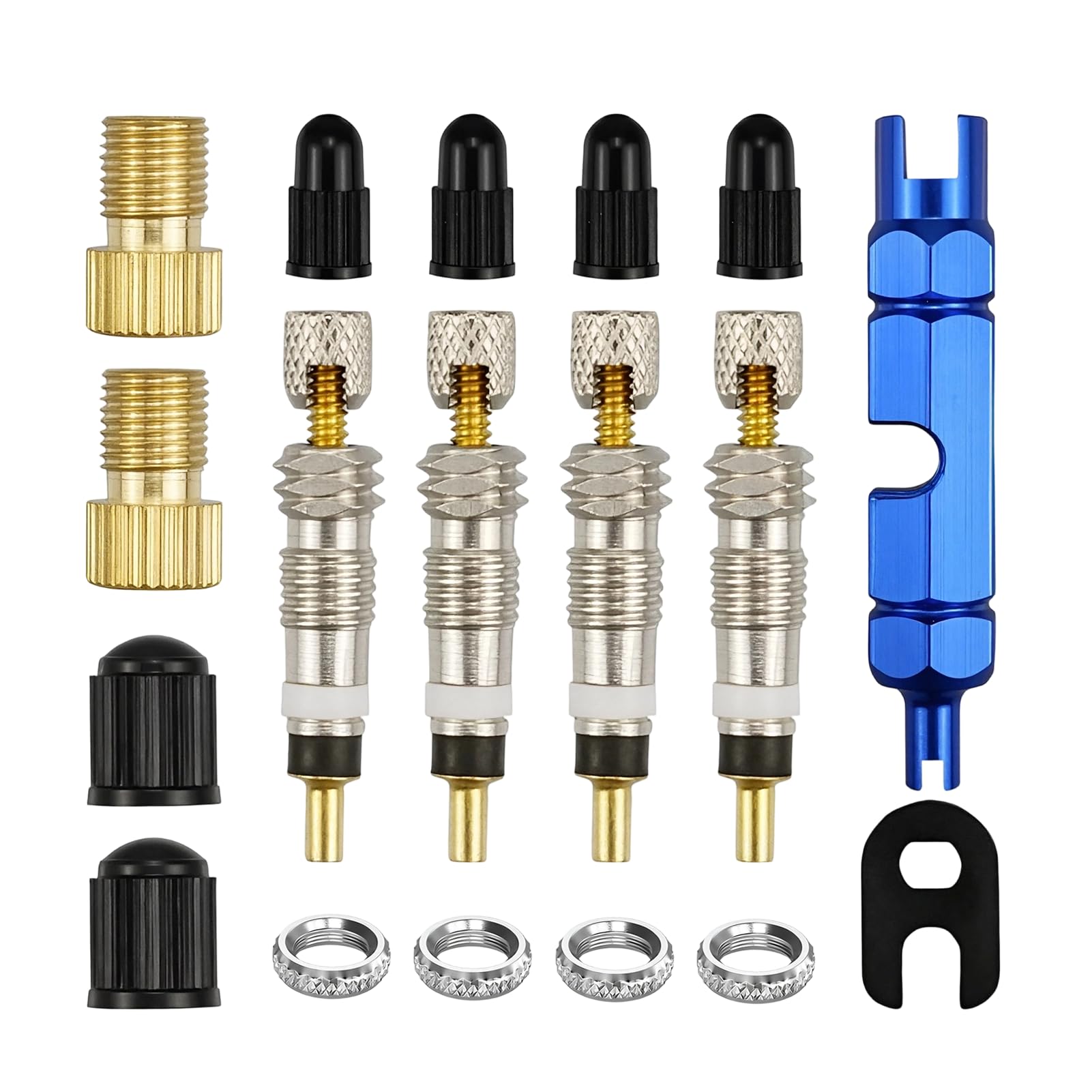 Lotnery Presta Valve Core Set 18PCS - Brass Adapter & Remover Tool Kit with Plastic Caps and Rim Nuts | Replacement Presta Valve Cores, Tubeless Valve Accessories | Valve Core Removal Tool for MTB